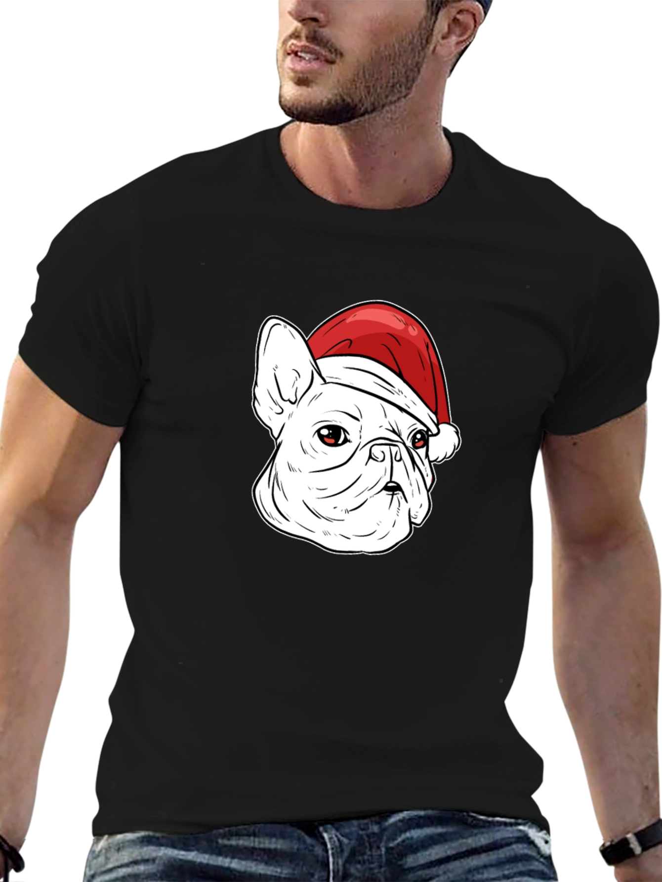 Bulldog Santa Hat Graphic Tee - Mens Black T-Shirt