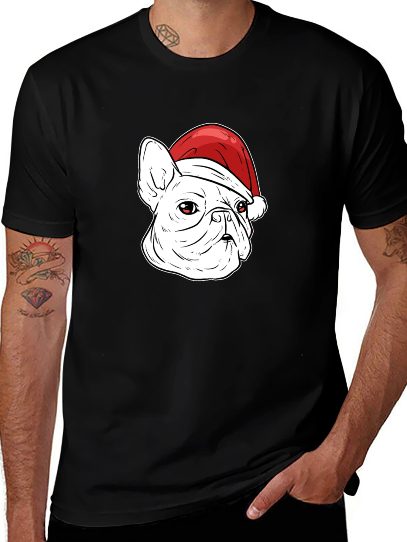 Bulldog Santa Hat Graphic Tee - Mens Black T-Shirt