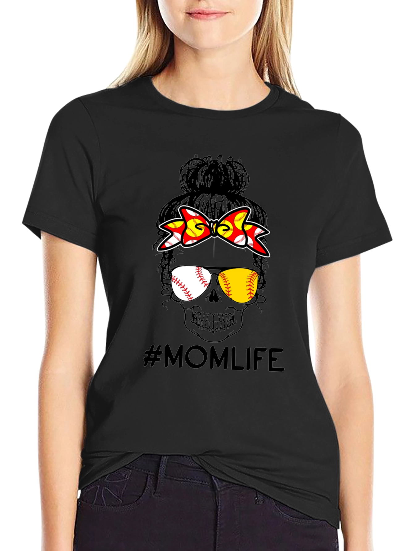 Mom Life Baseball Skull Graphic Tee