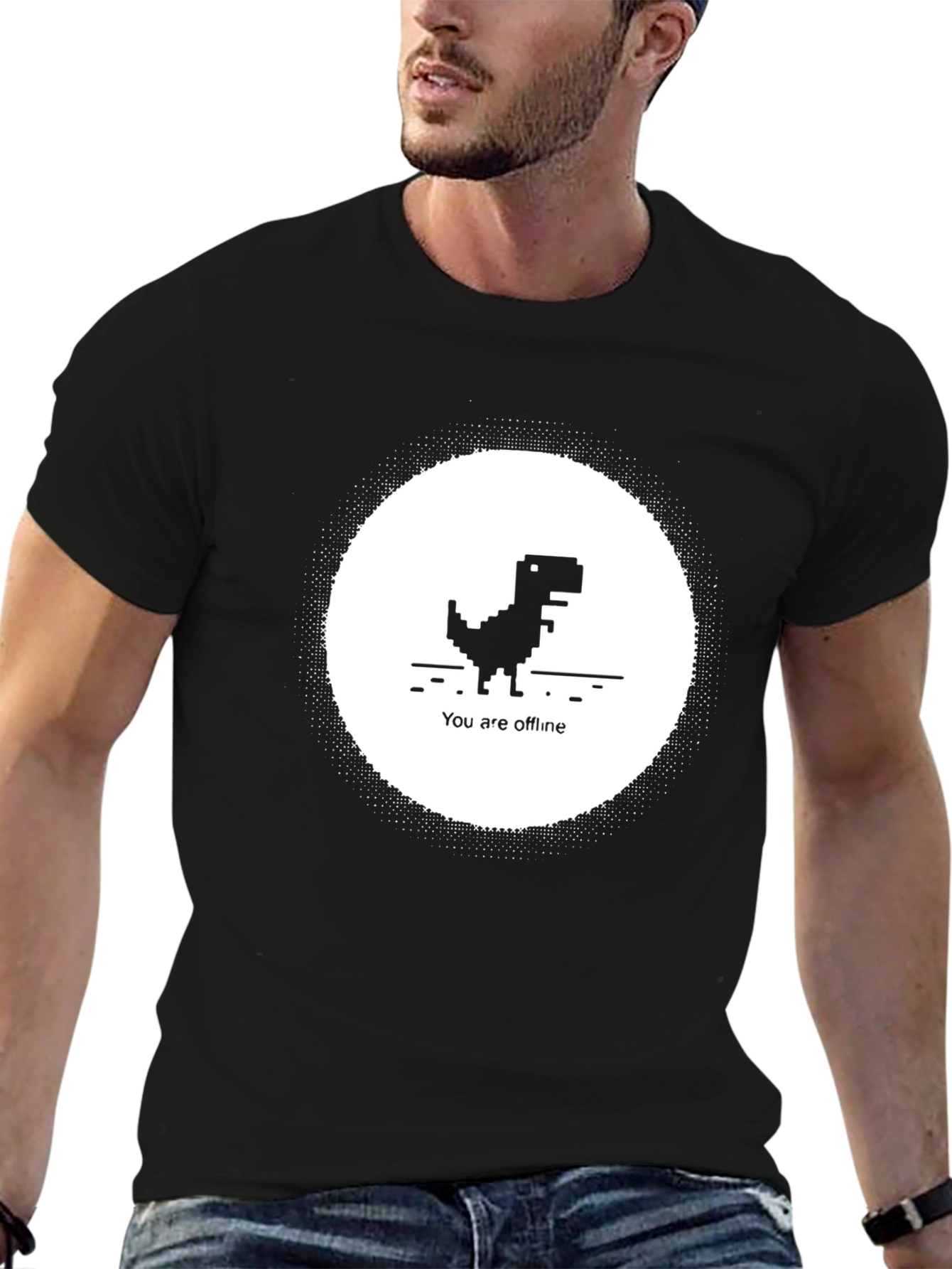 Pixel Dinosaur Offline Mode T-Shirt - Black Cotton Tee
