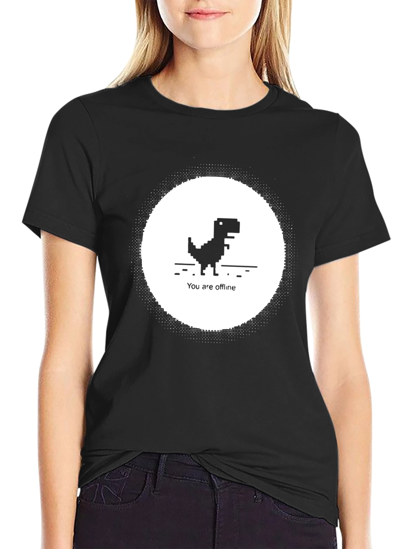 Pixel Dinosaur Offline Mode T-Shirt - Black Cotton Tee