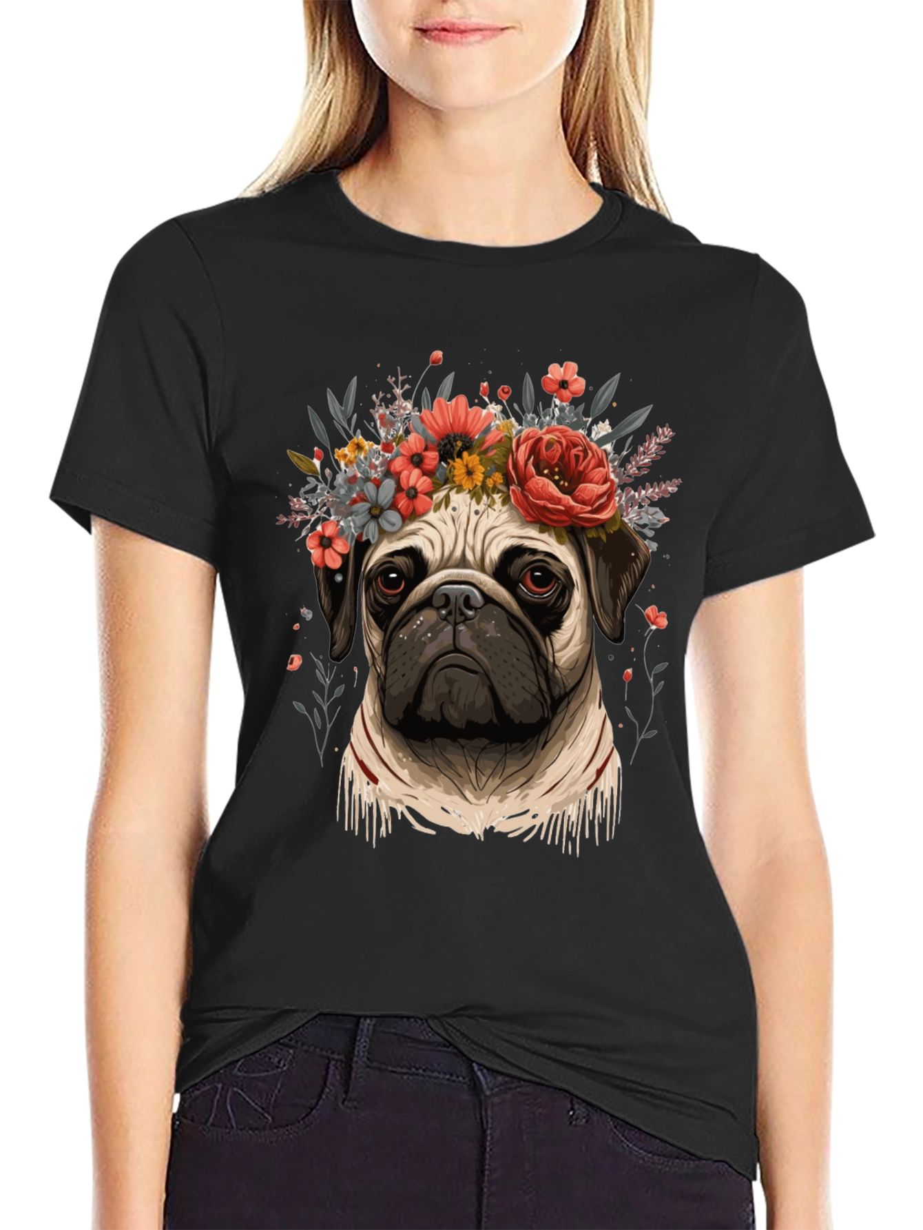 Floral Pug Graphic Tee - Black Cotton Blend