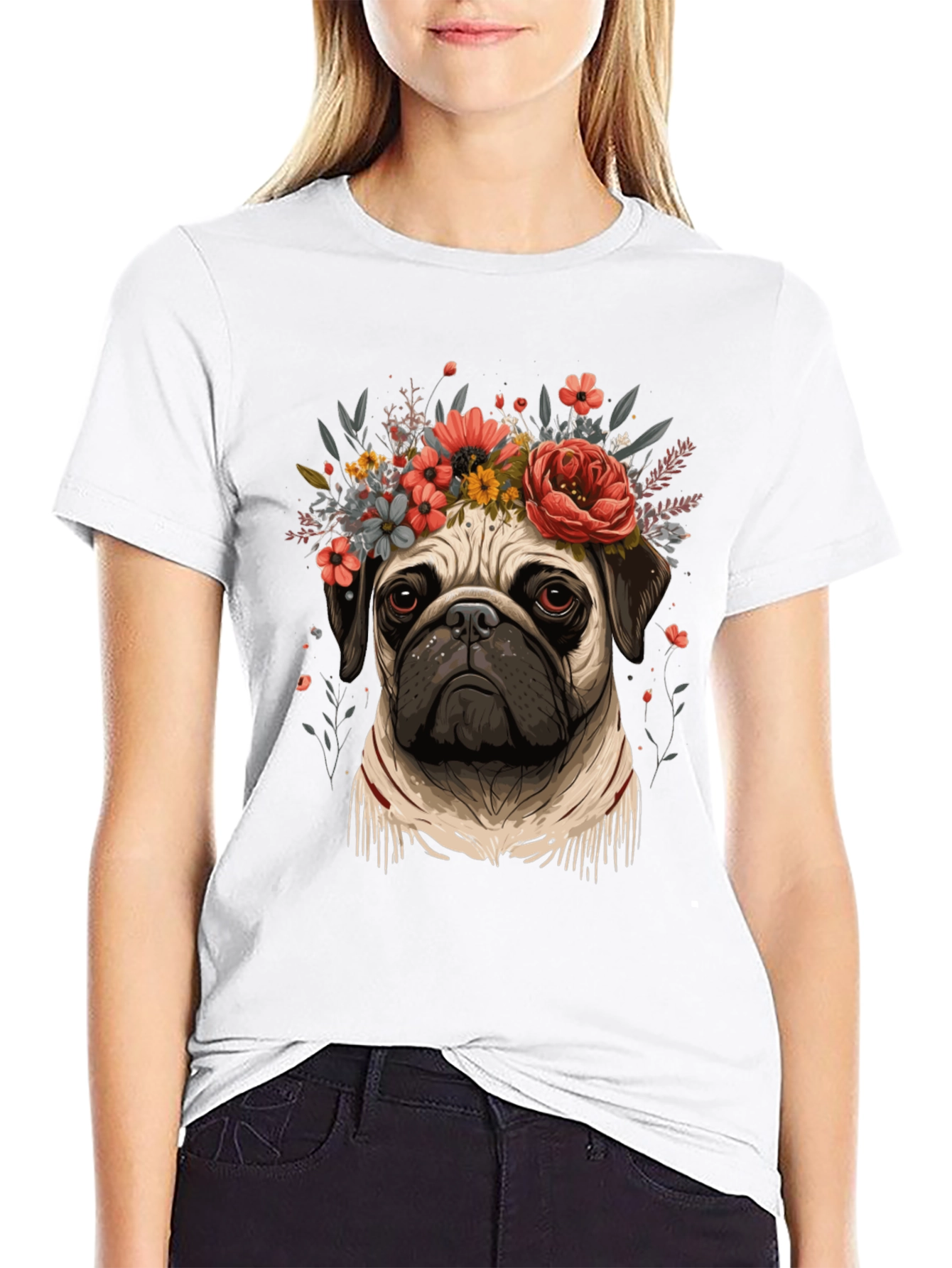 Floral Pug Graphic Tee - Black Cotton Blend