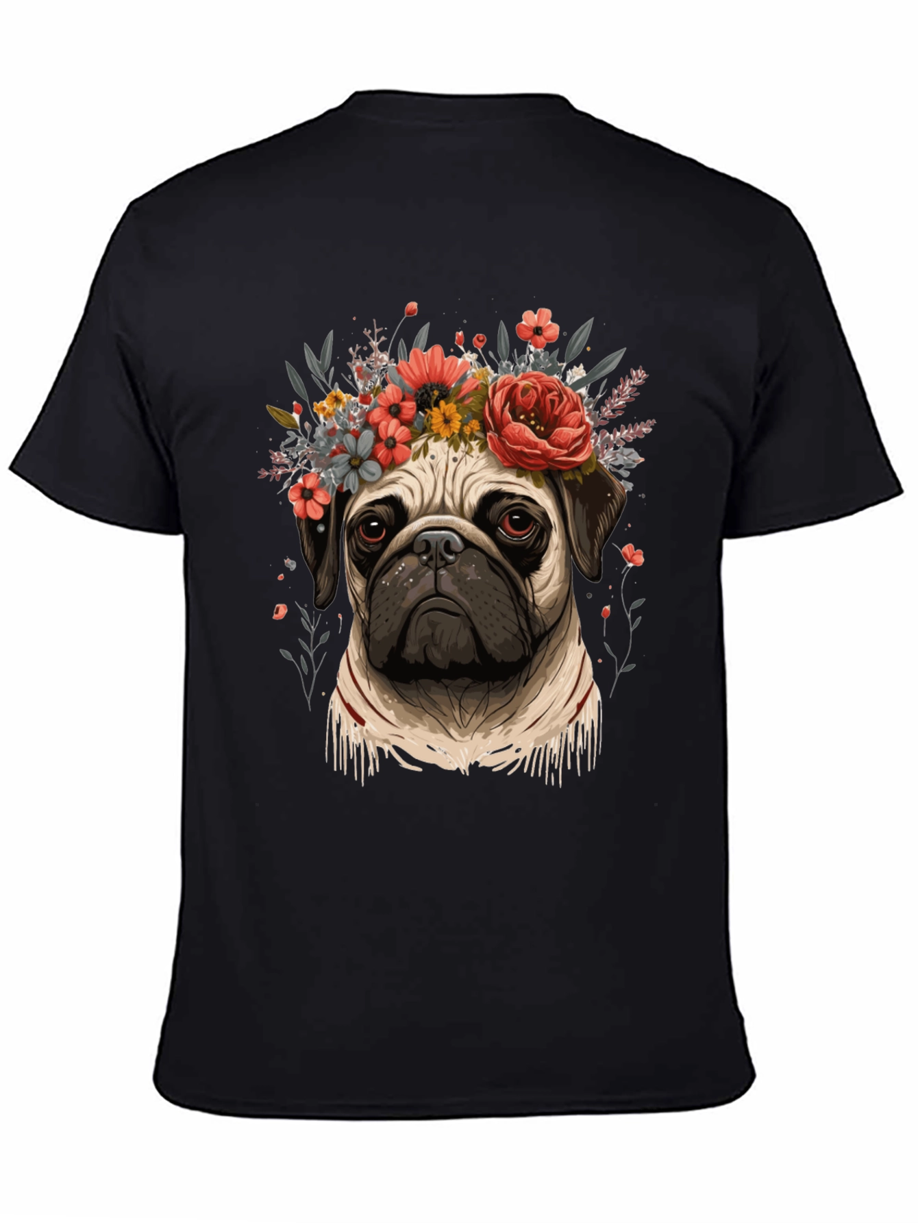 Floral Pug Graphic Tee - Black Cotton Blend