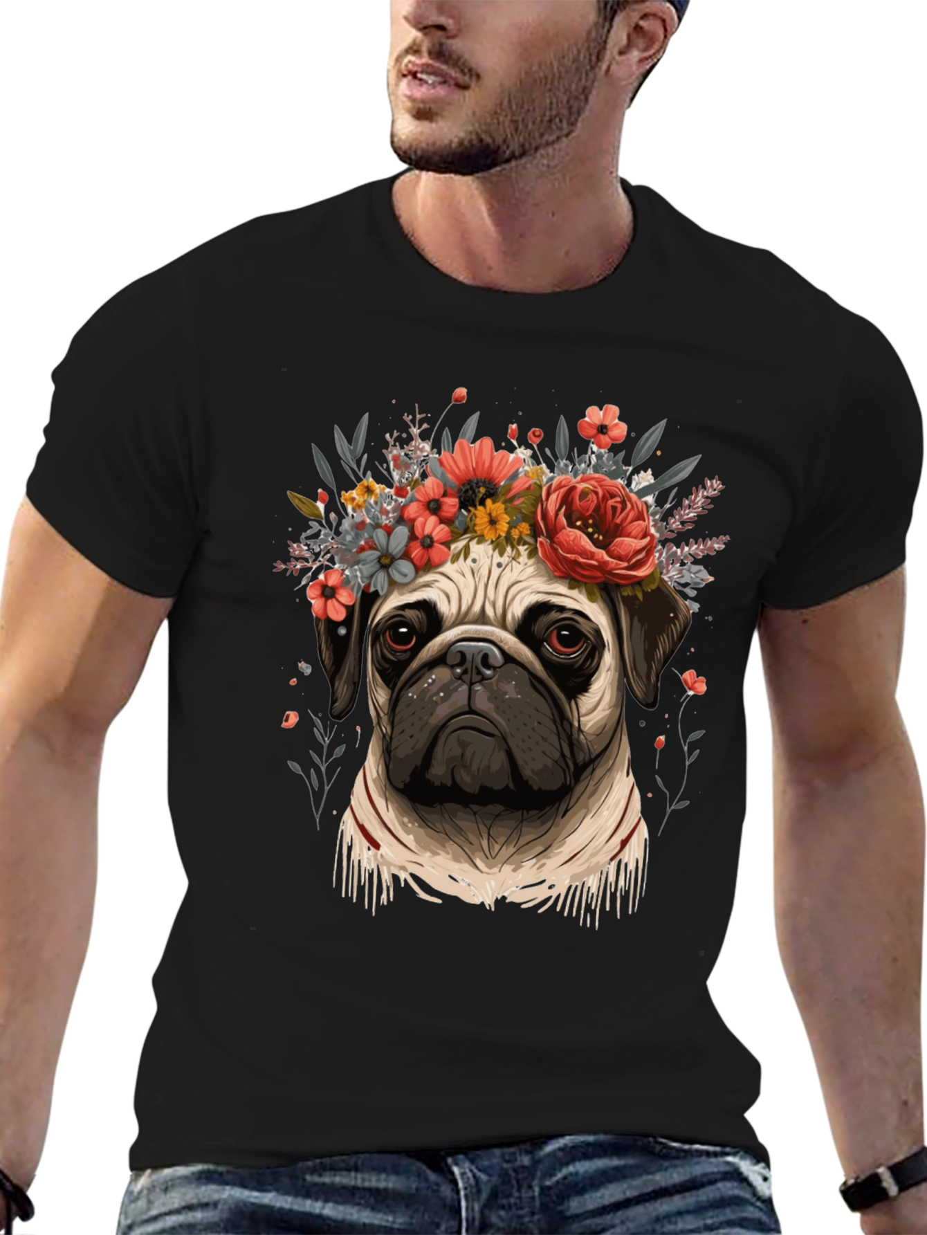 Floral Pug Graphic Tee - Black Cotton Blend