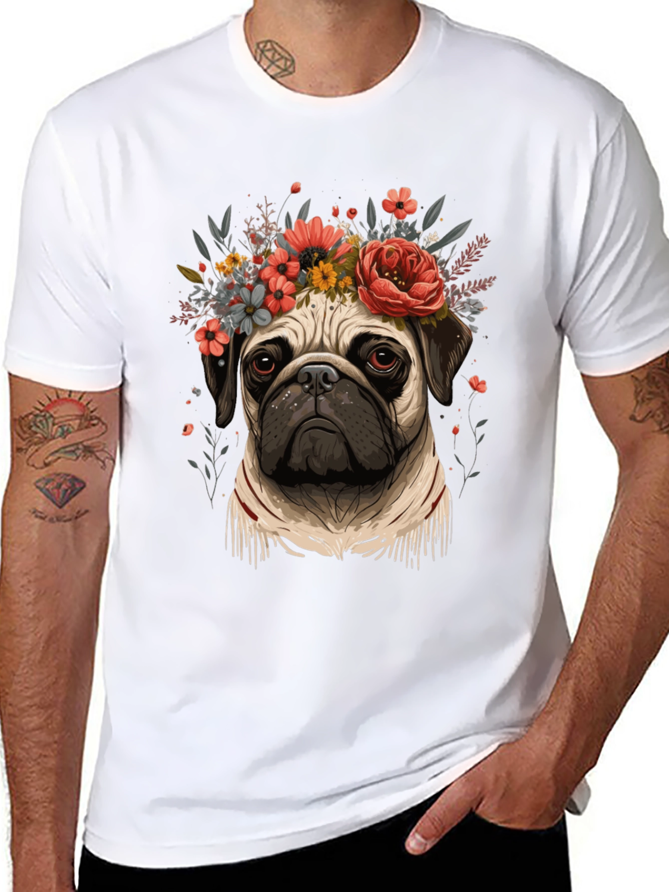 Floral Pug Graphic Tee - Black Cotton Blend