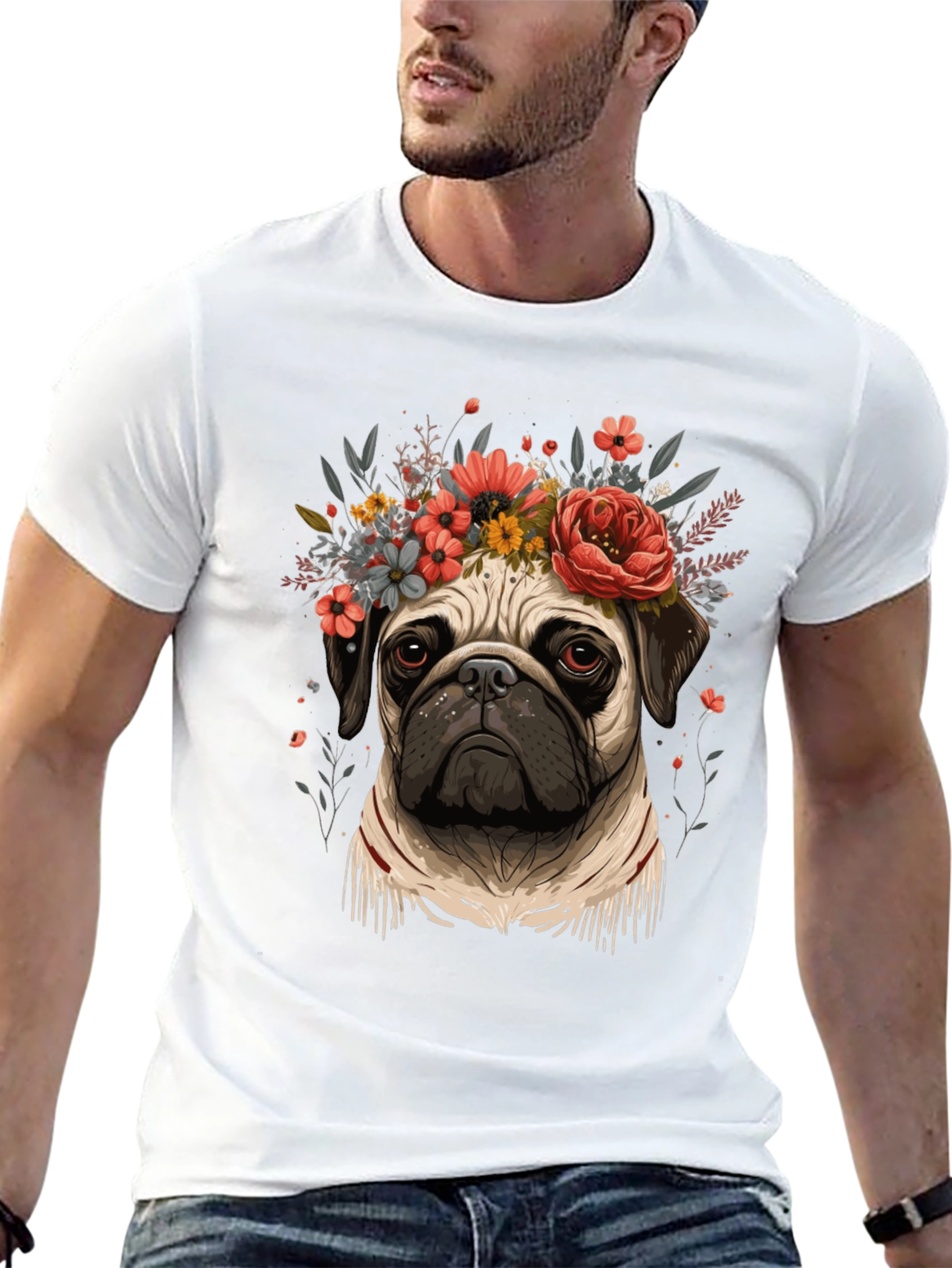 Floral Pug Graphic Tee - Black Cotton Blend
