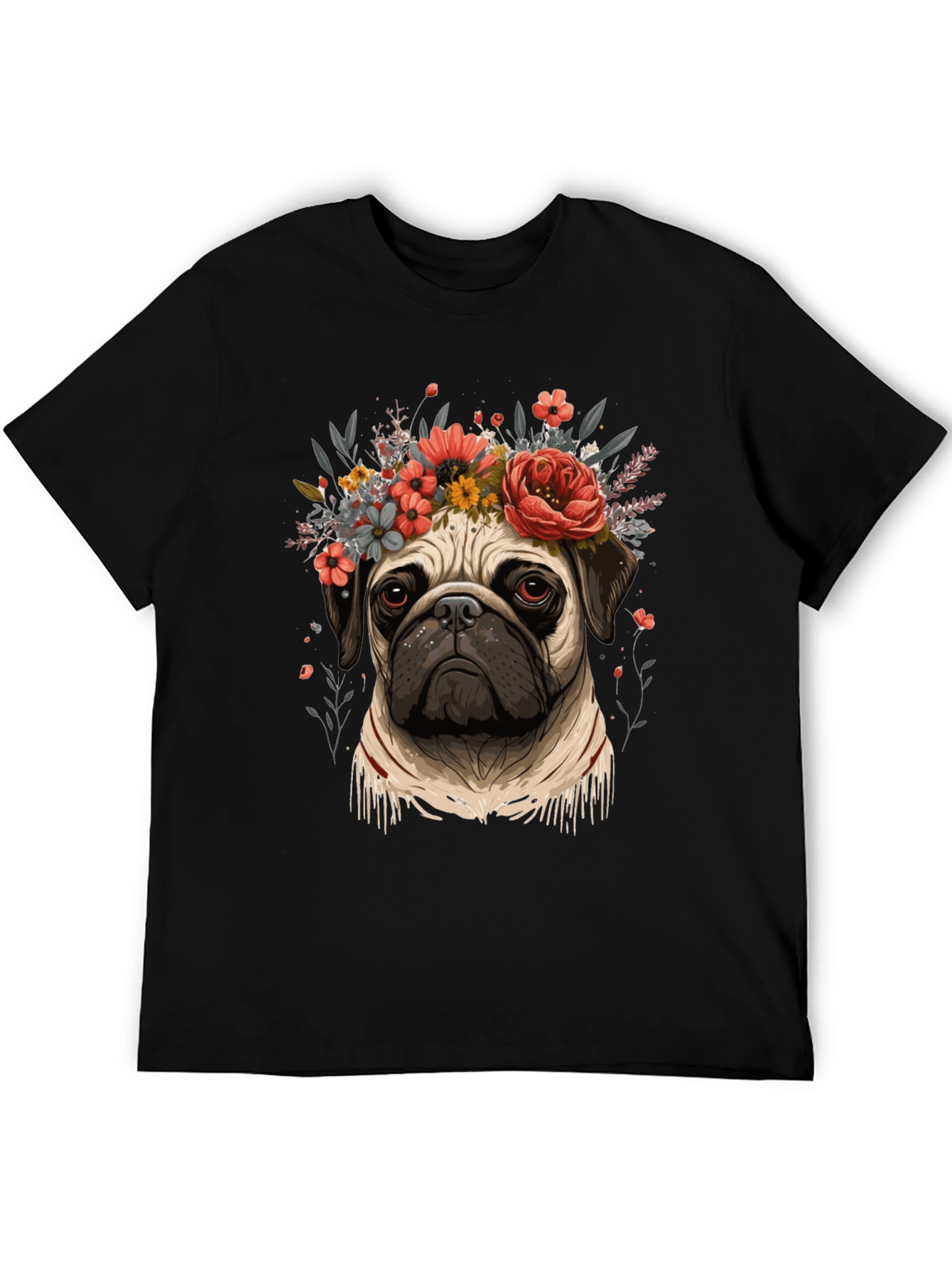 Floral Pug Graphic Tee - Black Cotton Blend