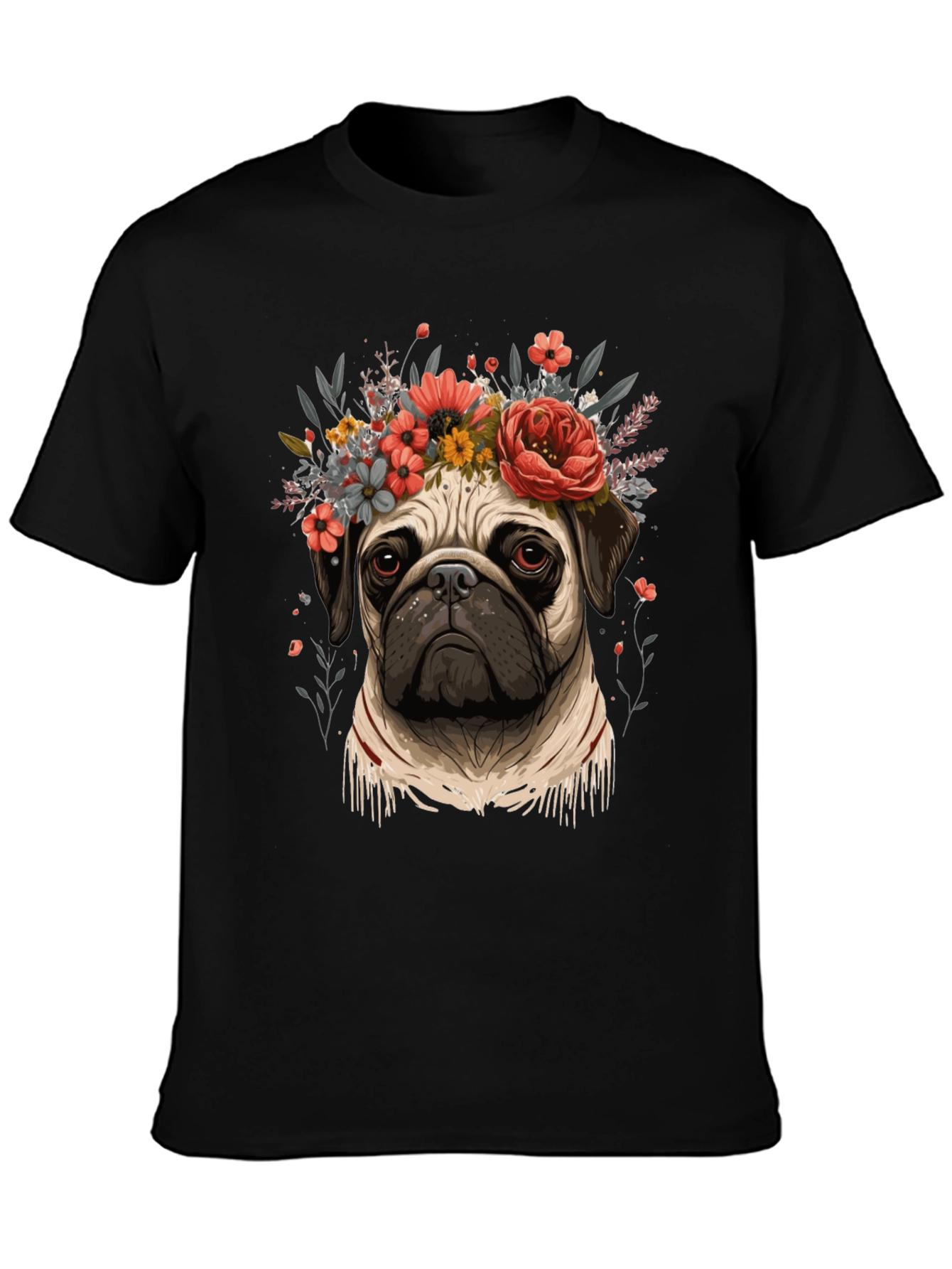 Floral Pug Graphic Tee - Black Cotton Blend