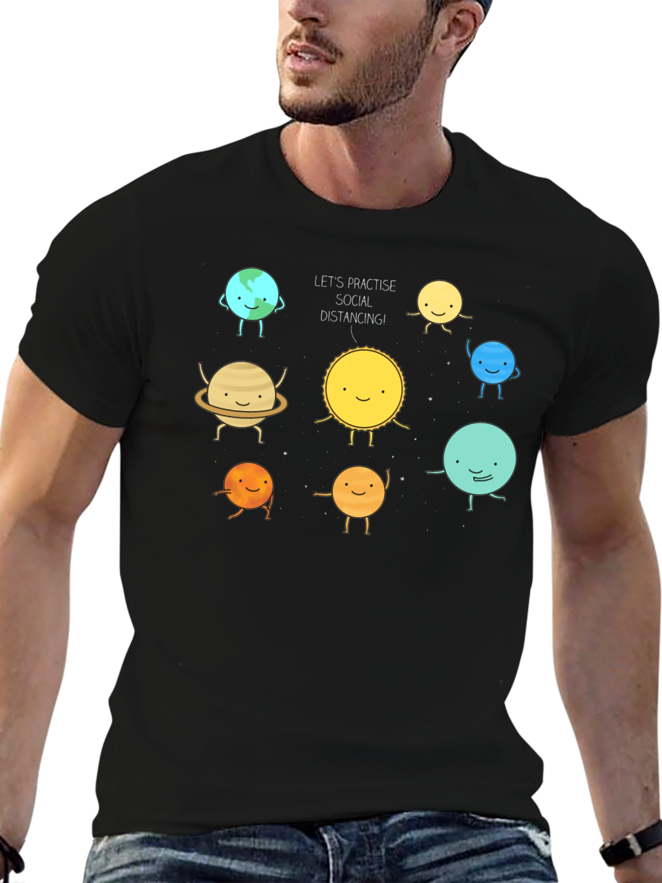 Social Distancing Planets Graphic Black T-Shirt