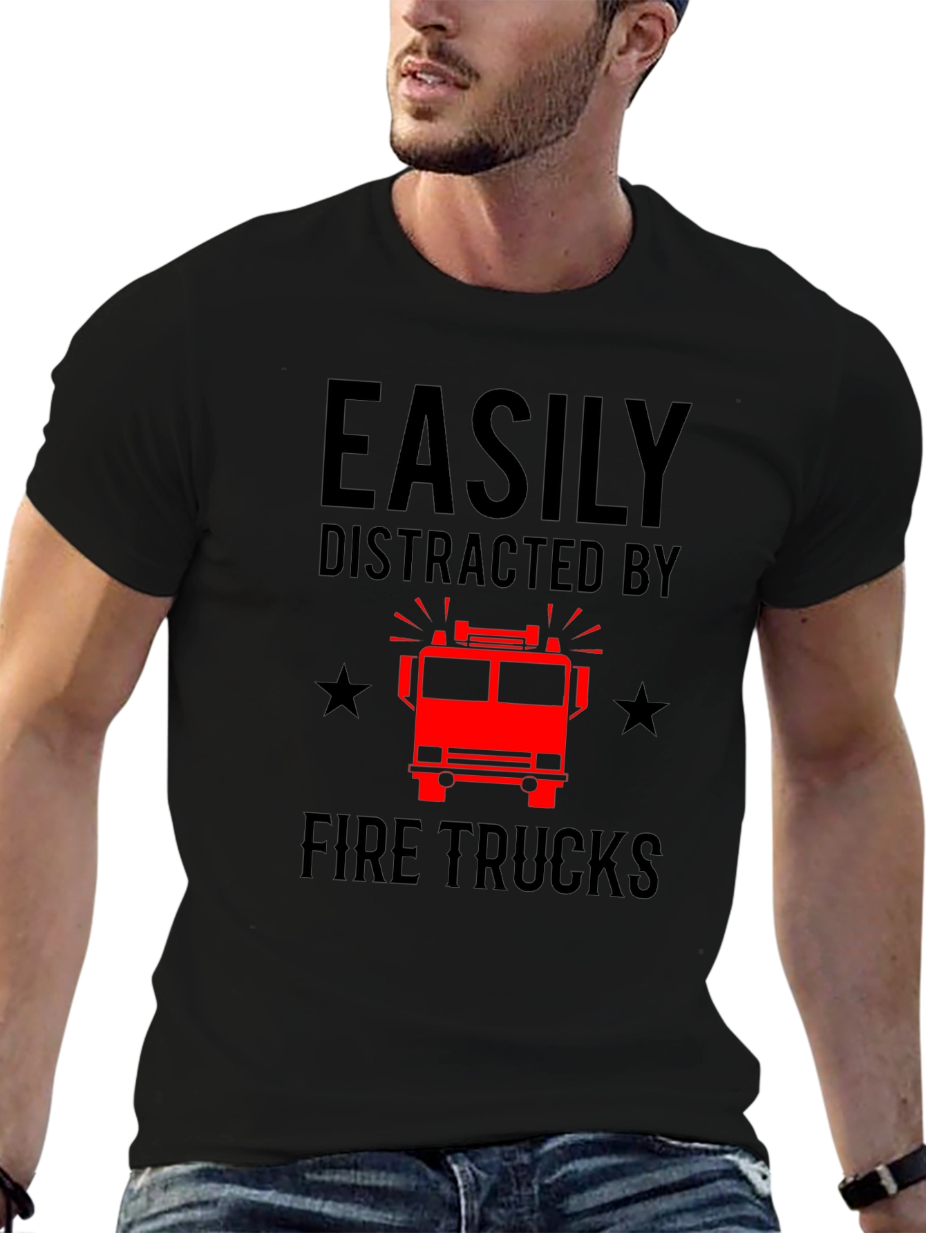 Easily Distracted By Fire Trucks Black T-Shirt