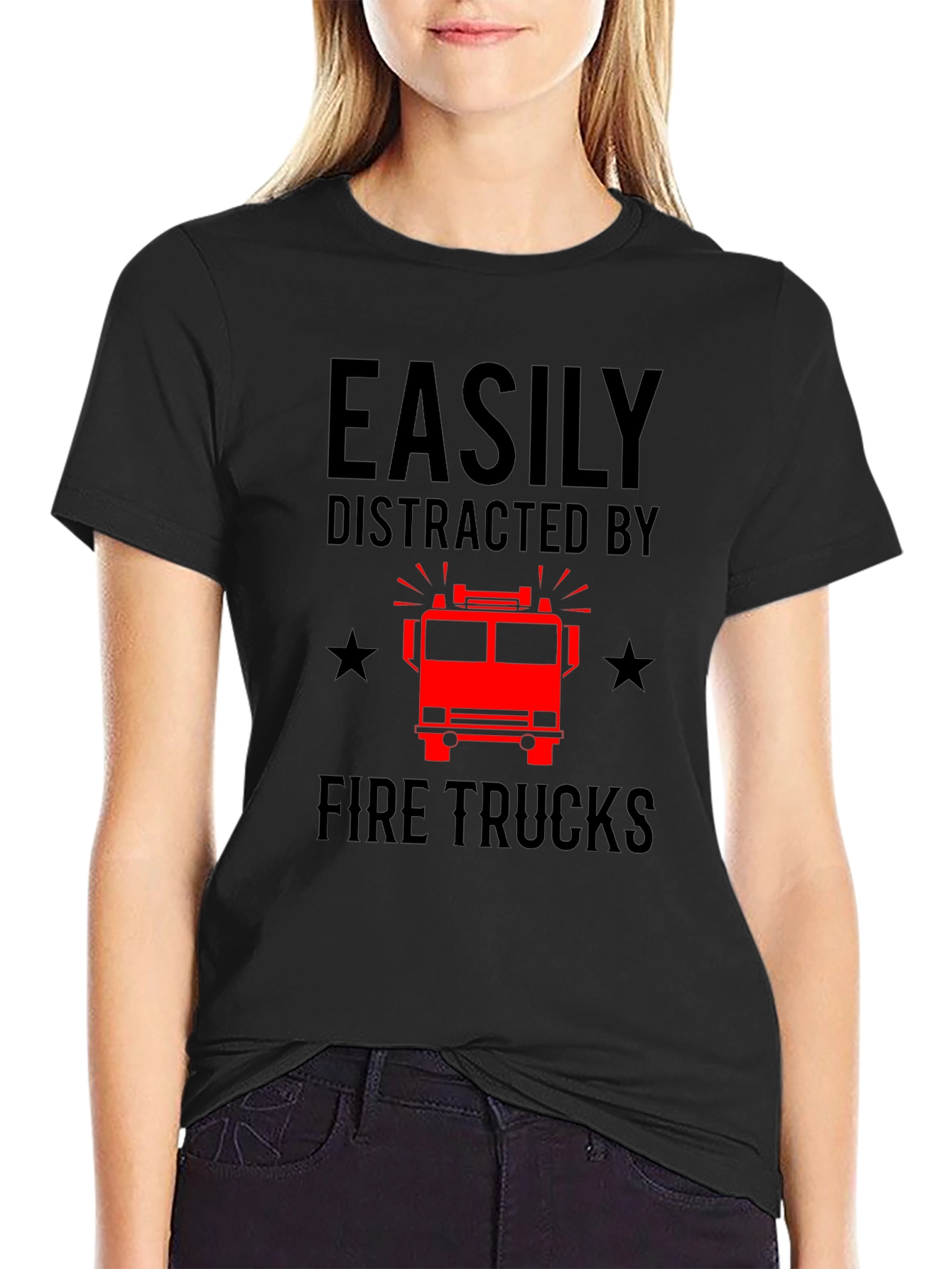 Easily Distracted By Fire Trucks Black T-Shirt