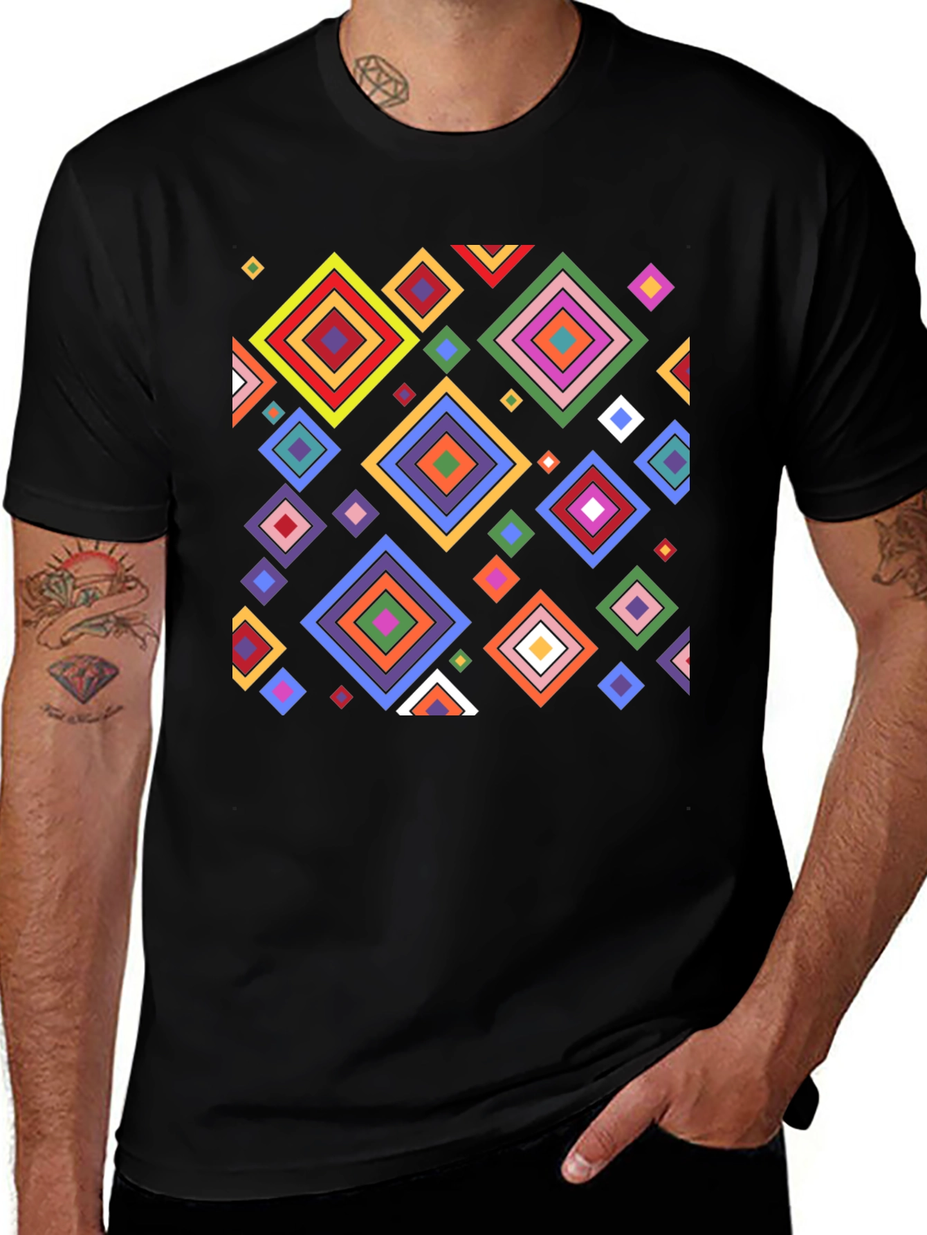 Geometric Diamond Pattern Black T-Shirt