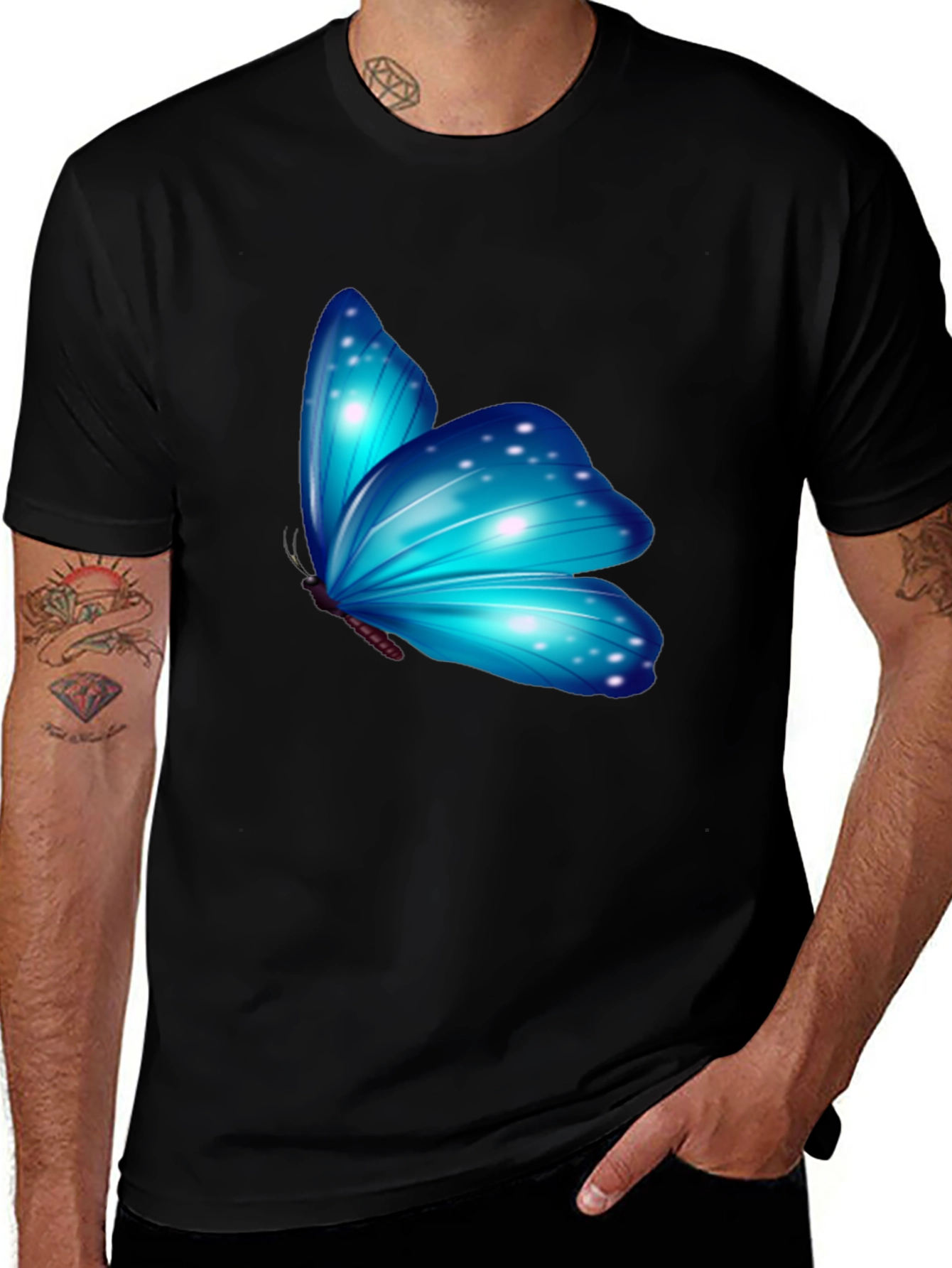 Blue Butterfly Graphic Black T-Shirt