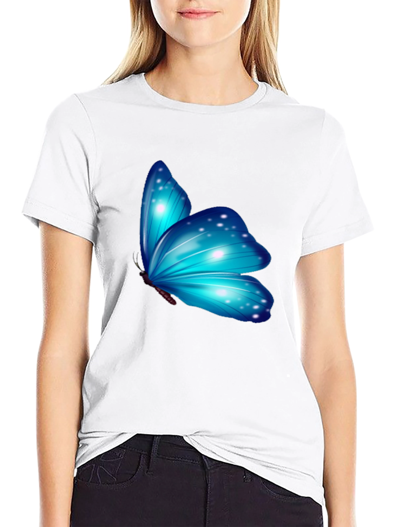 Blue Butterfly Graphic Black T-Shirt