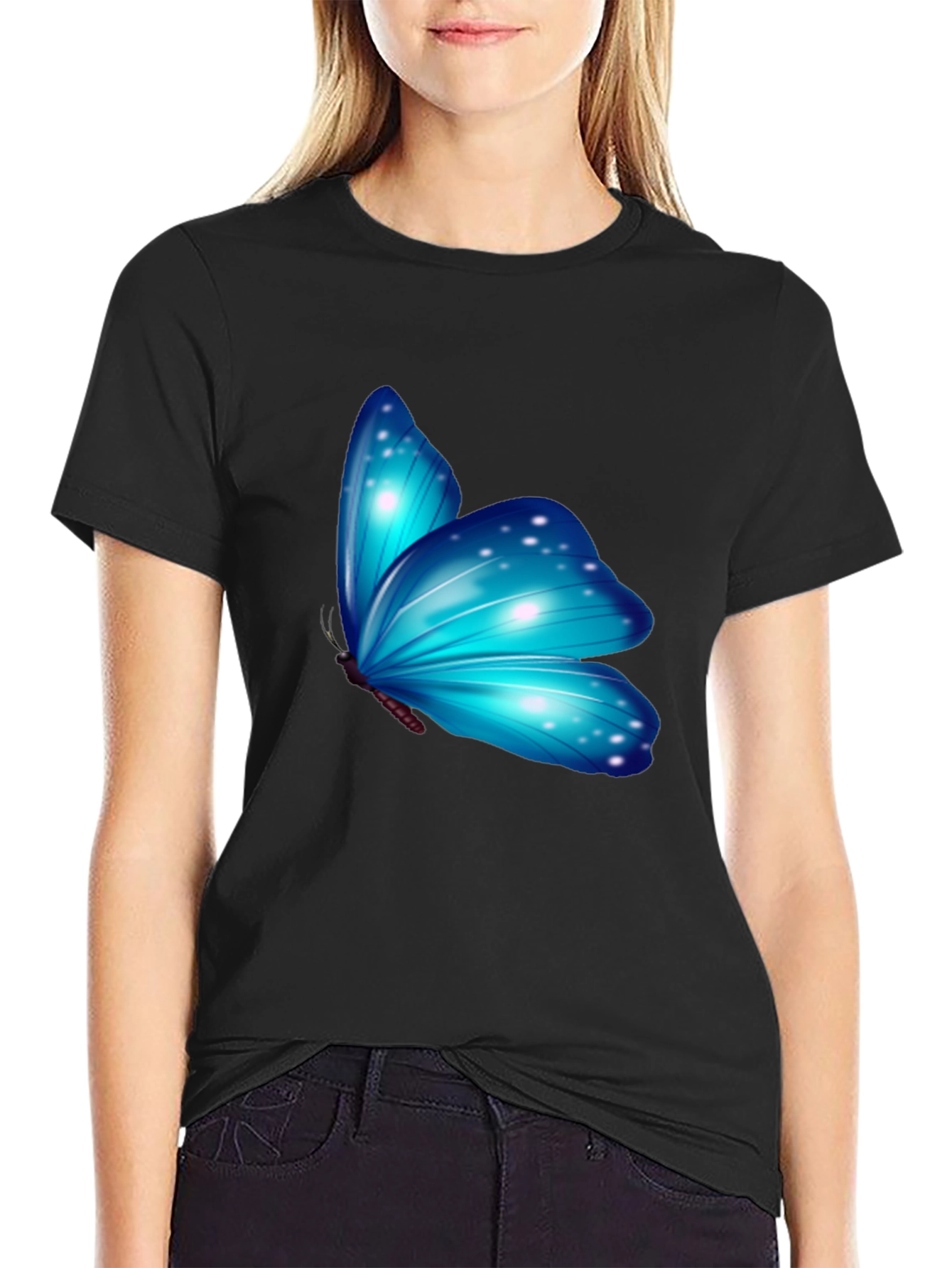 Blue Butterfly Graphic Black T-Shirt