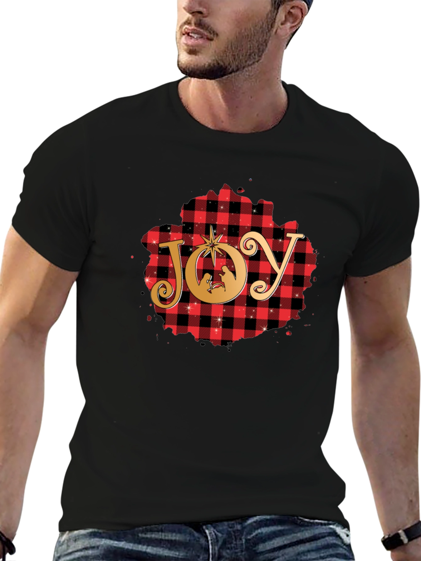 Joy Christmas Nativity Plaid T-Shirt