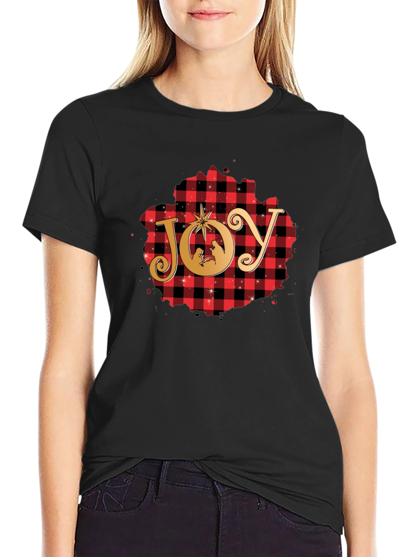 Joy Christmas Nativity Plaid T-Shirt