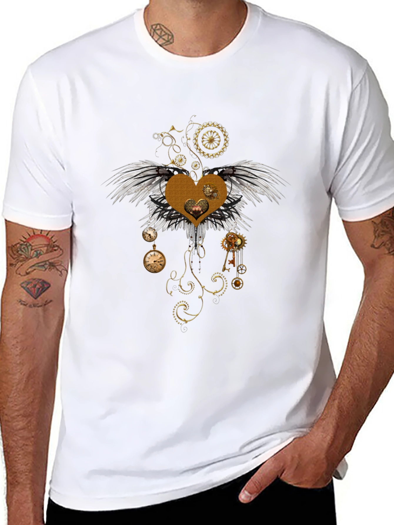 Steampunk Heart Wings Graphic Tee - Unique Design