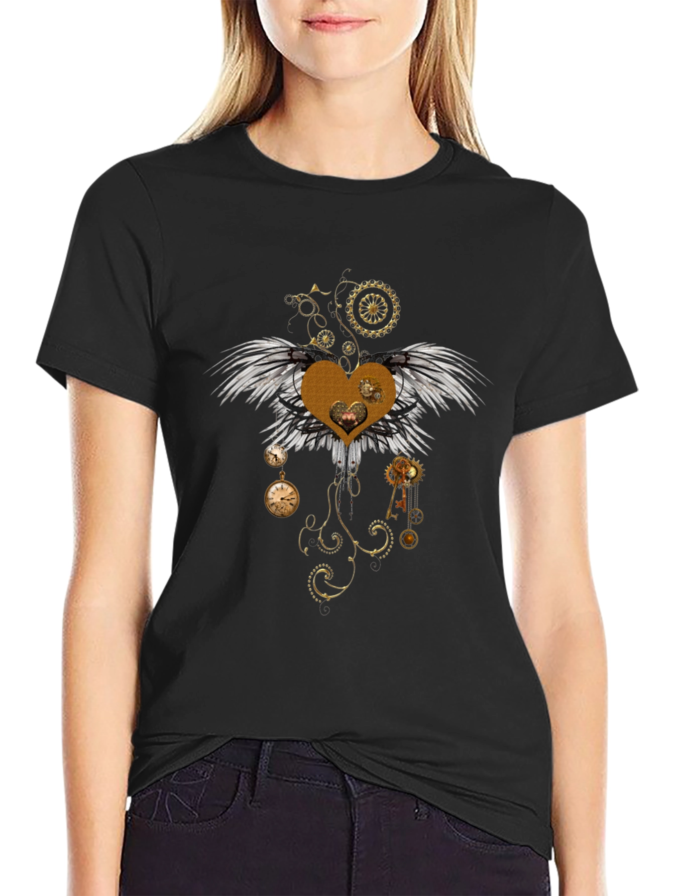 Steampunk Heart Wings Graphic Tee - Unique Design