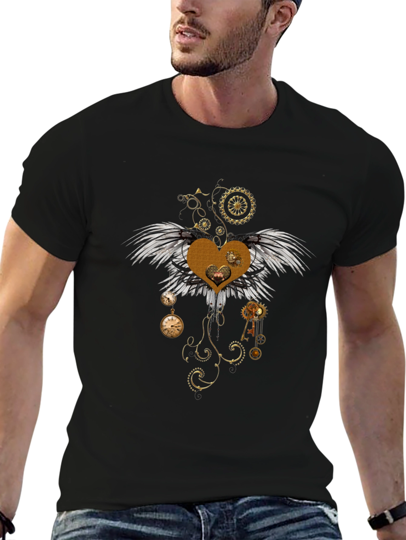 Steampunk Heart Wings Graphic Tee - Unique Design