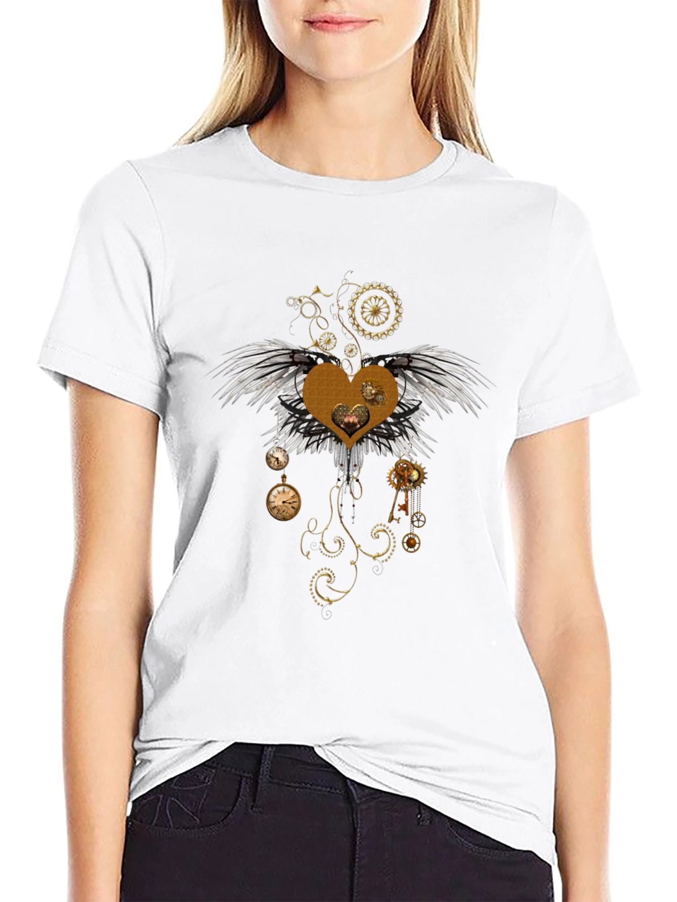 Steampunk Heart Wings Graphic Tee - Unique Design