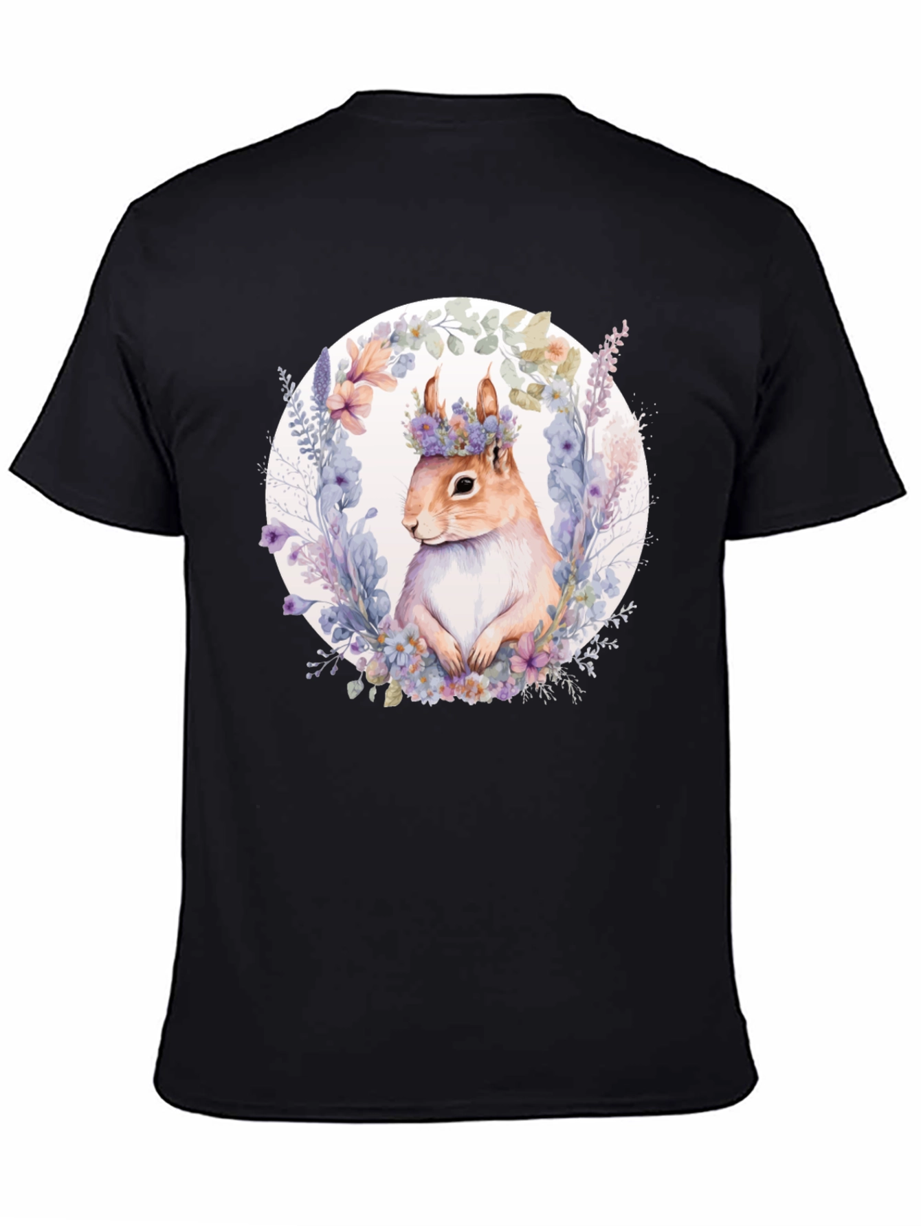 Squirrel Floral Wreath Black T-Shirt