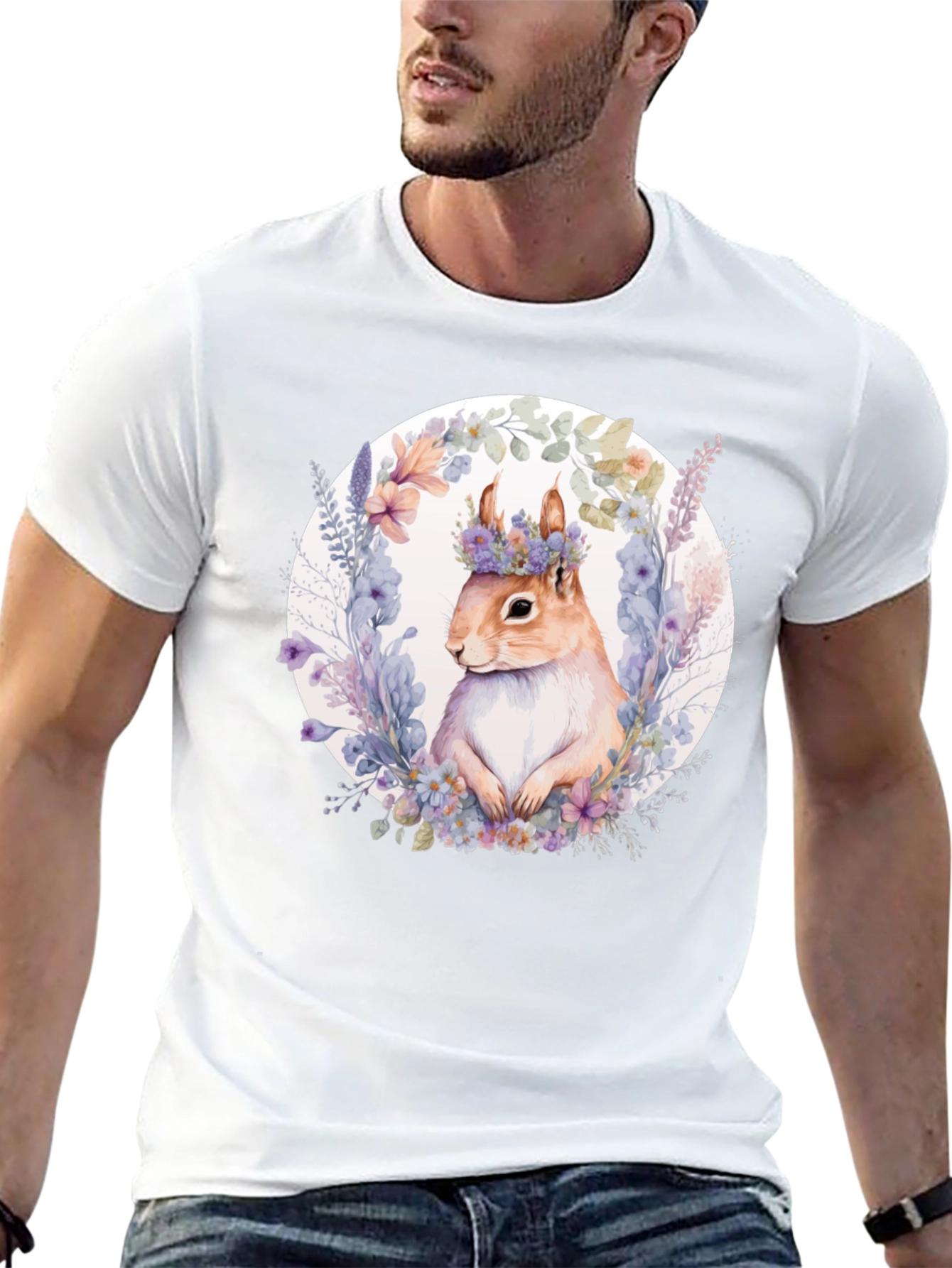 Squirrel Floral Wreath Black T-Shirt