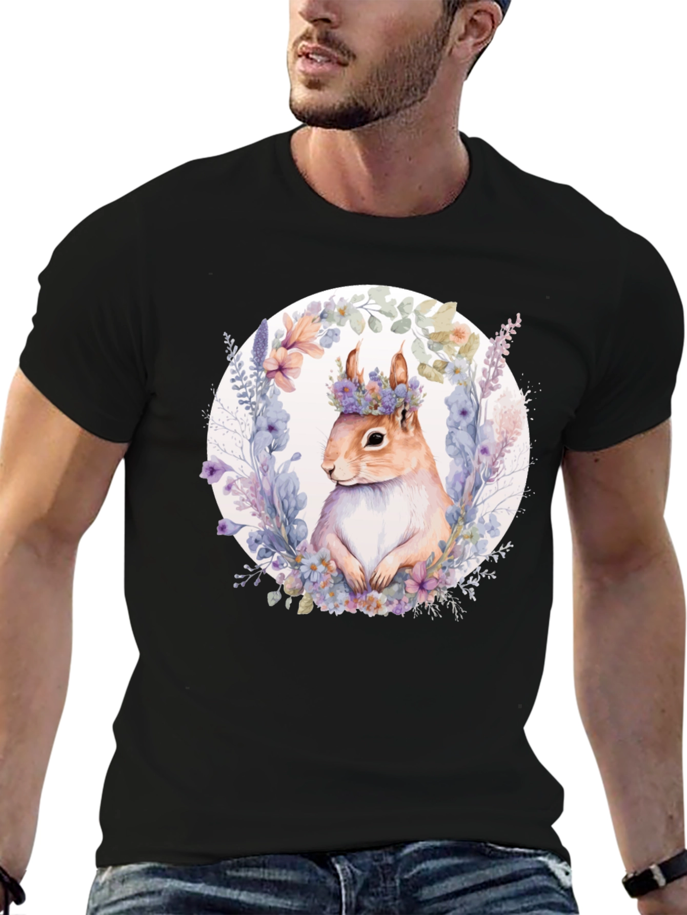 Squirrel Floral Wreath Black T-Shirt