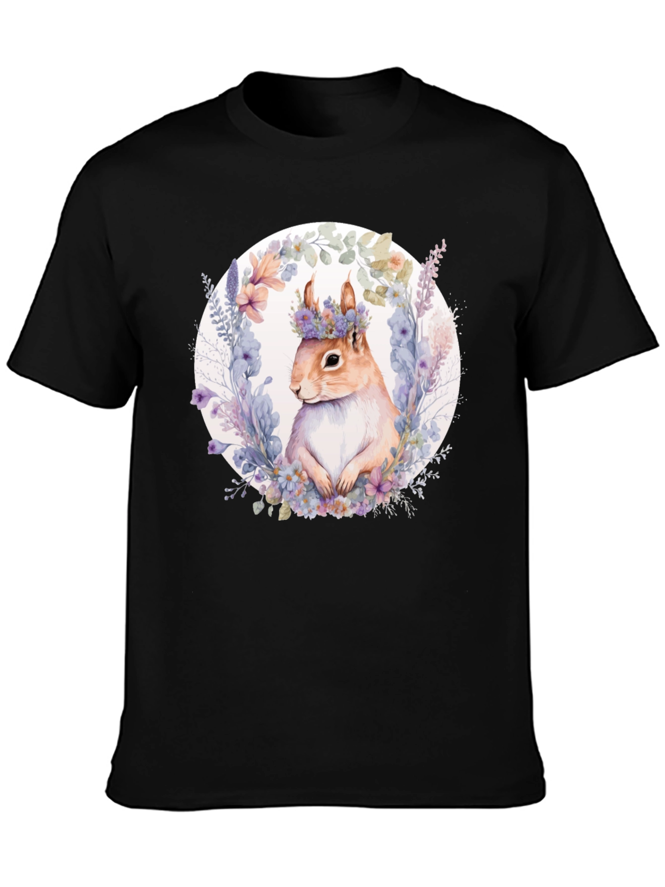 Squirrel Floral Wreath Black T-Shirt