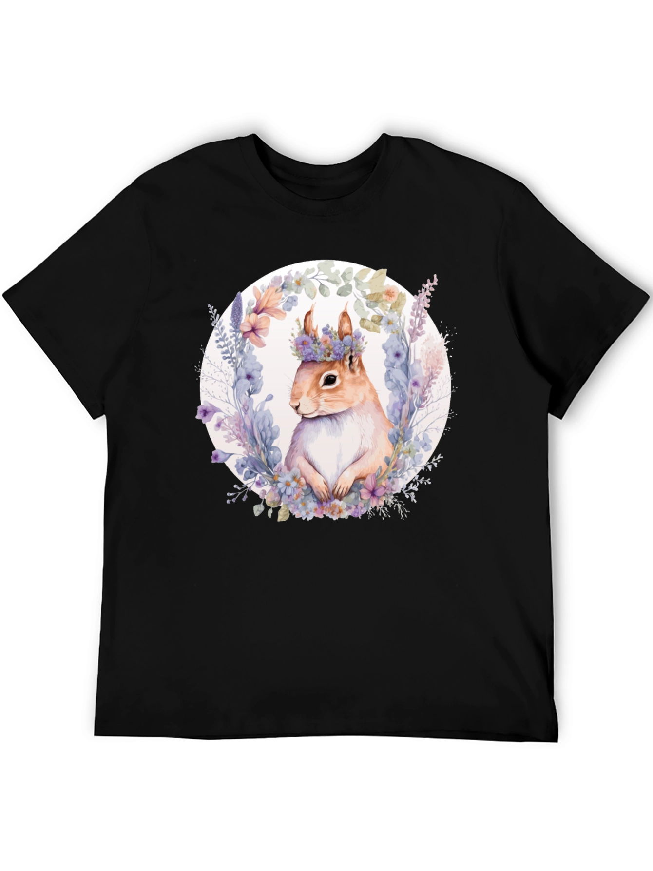 Squirrel Floral Wreath Black T-Shirt