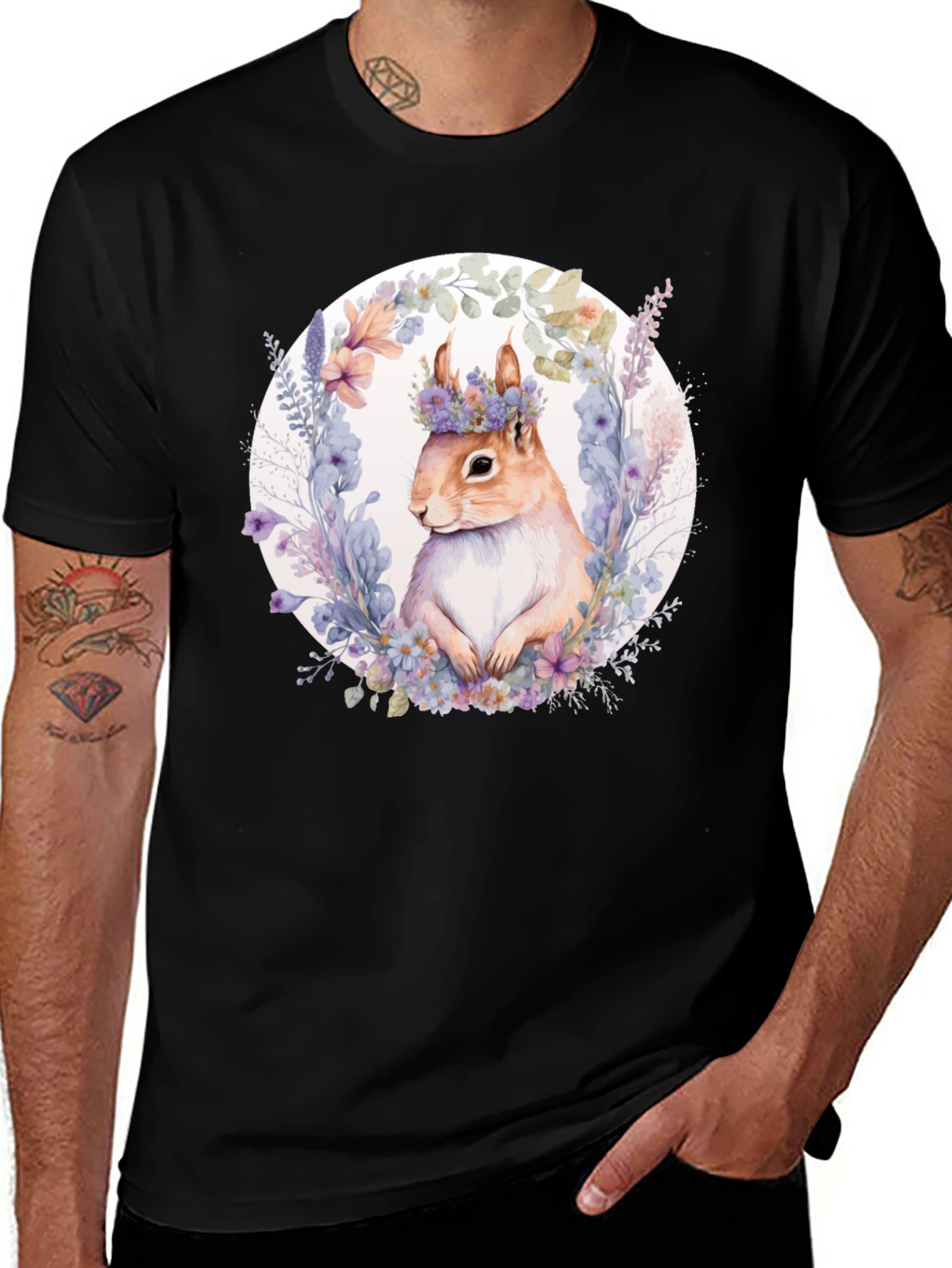 Squirrel Floral Wreath Black T-Shirt