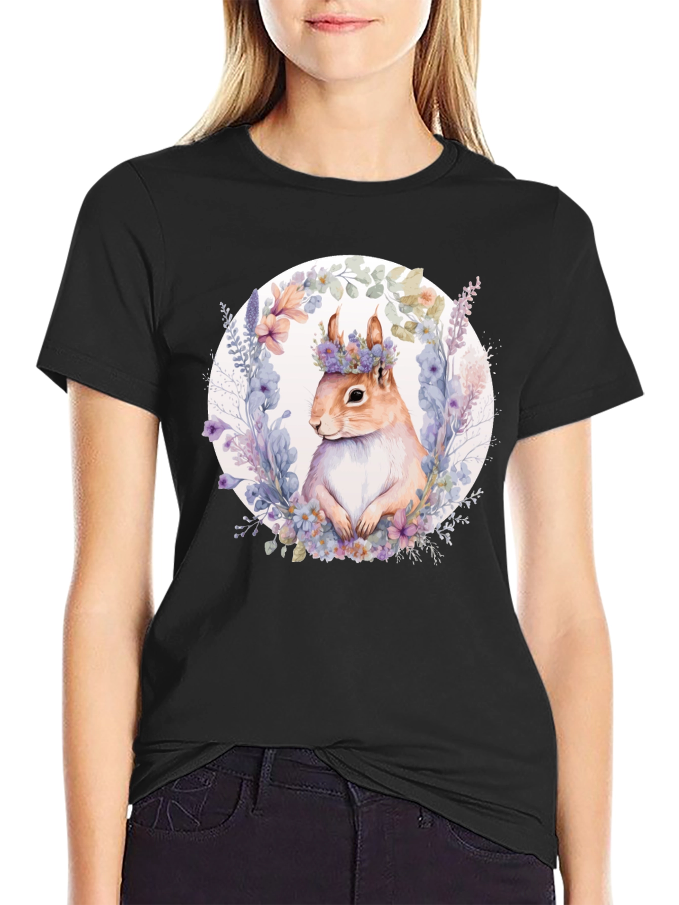 Squirrel Floral Wreath Black T-Shirt