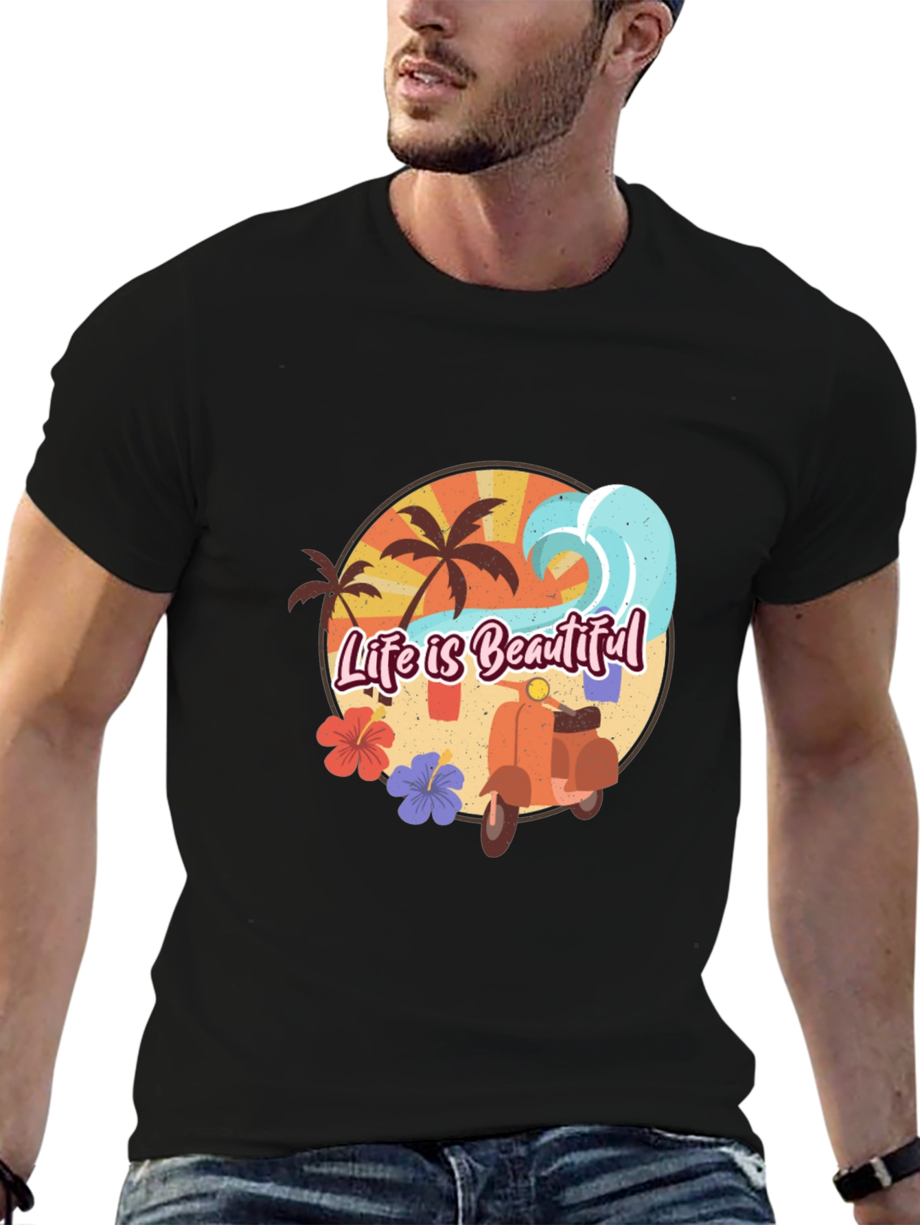 Life is Beautiful Beach T-Shirt Scooter Graphic Tee
