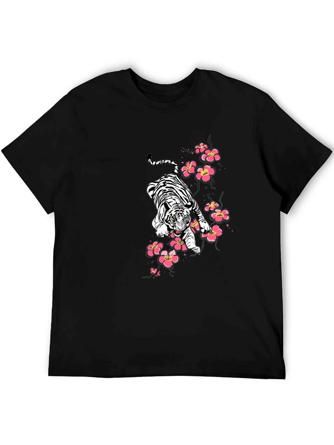 Tiger & Cherry Blossom Graphic Print Black T-Shirt