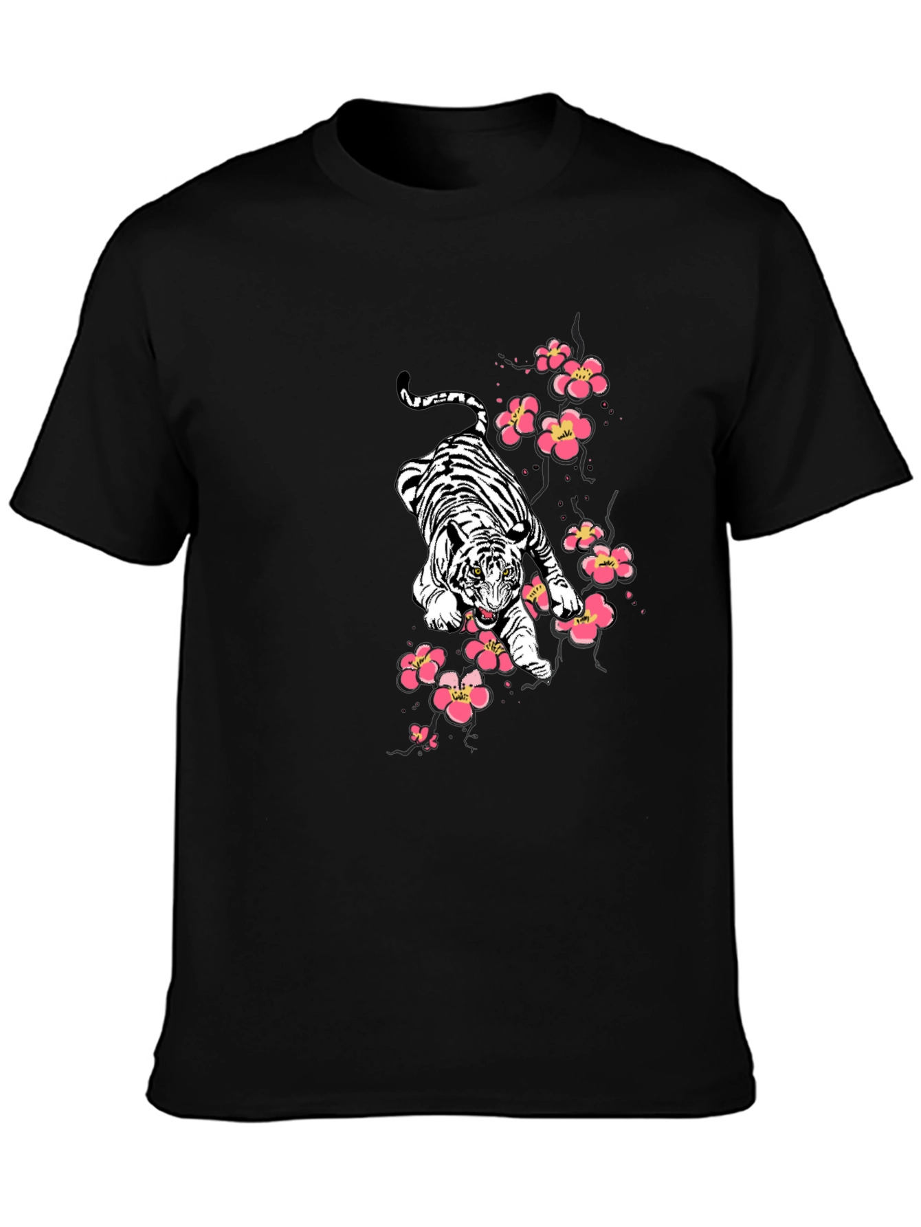 Tiger & Cherry Blossom Graphic Print Black T-Shirt