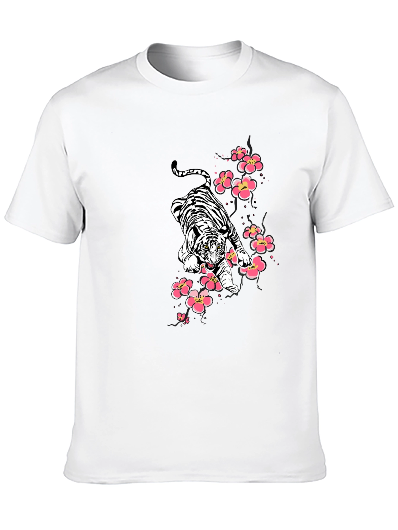 Tiger & Cherry Blossom Graphic Print Black T-Shirt