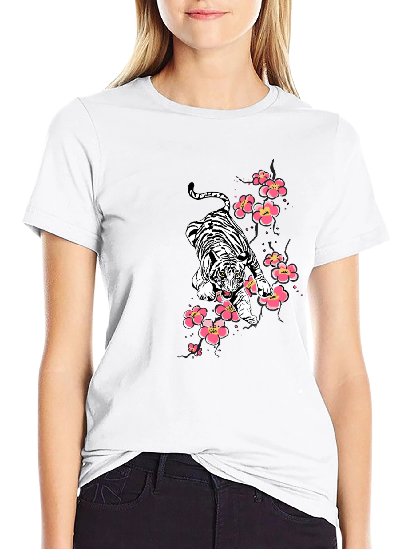 Tiger & Cherry Blossom Graphic Print Black T-Shirt