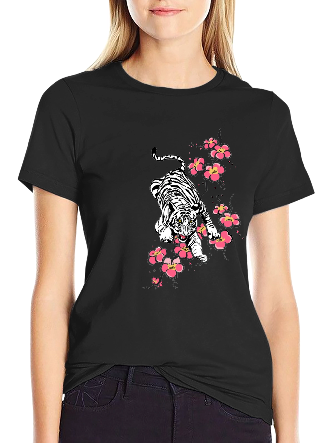 Tiger & Cherry Blossom Graphic Print Black T-Shirt