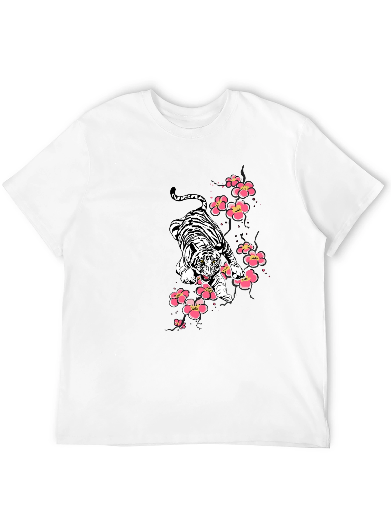 Tiger & Cherry Blossom Graphic Print Black T-Shirt