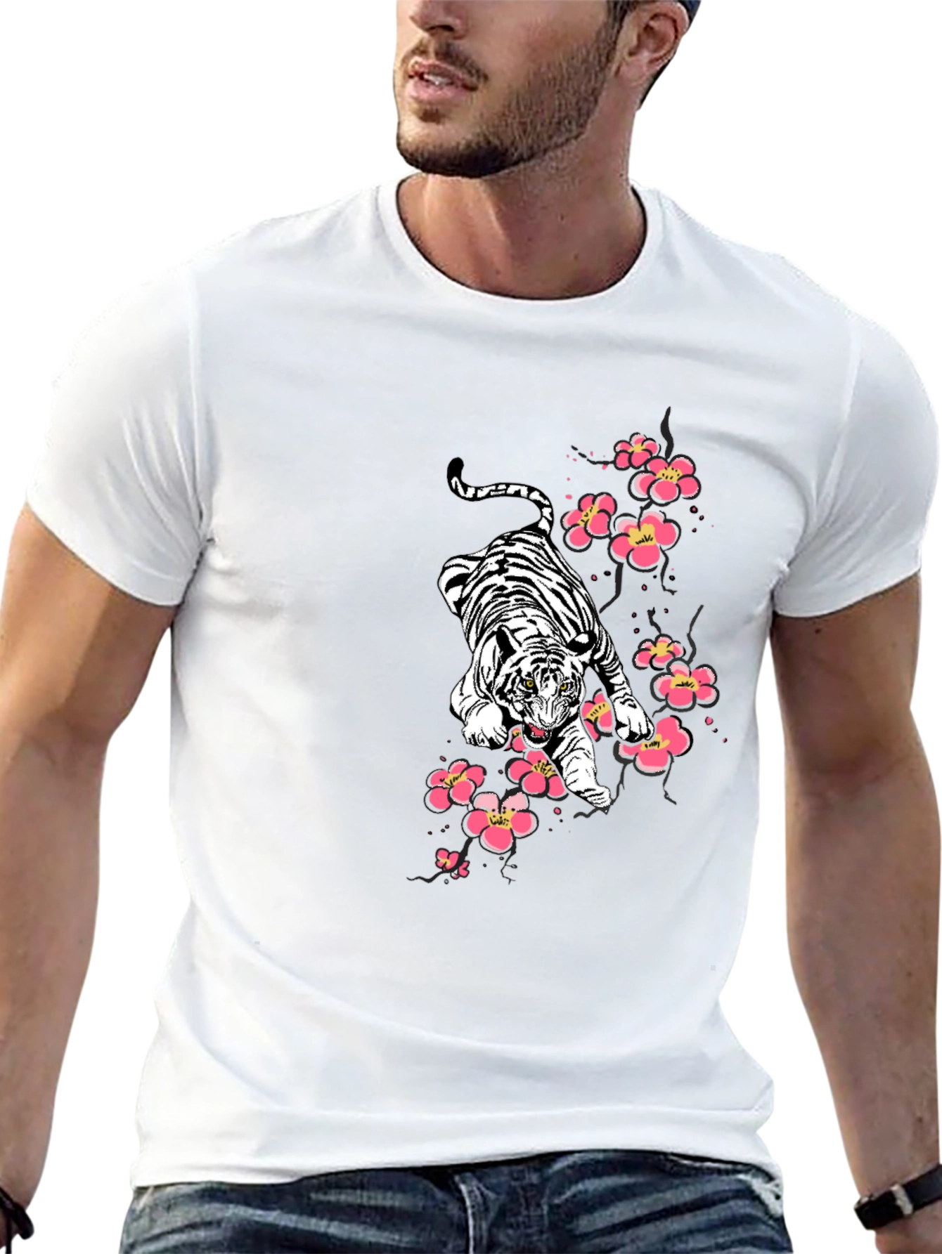 Tiger & Cherry Blossom Graphic Print Black T-Shirt