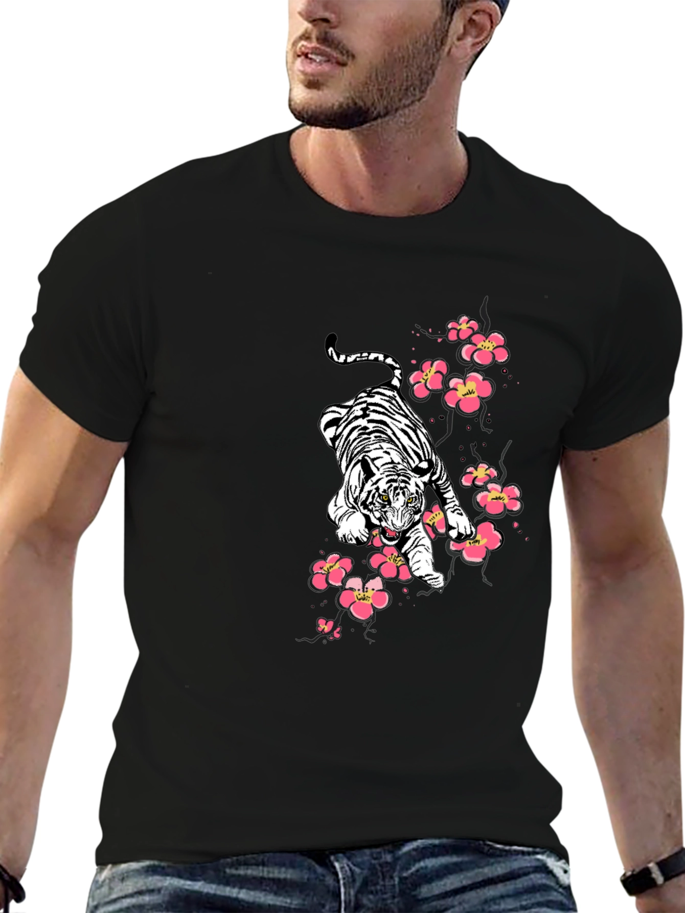 Tiger & Cherry Blossom Graphic Print Black T-Shirt