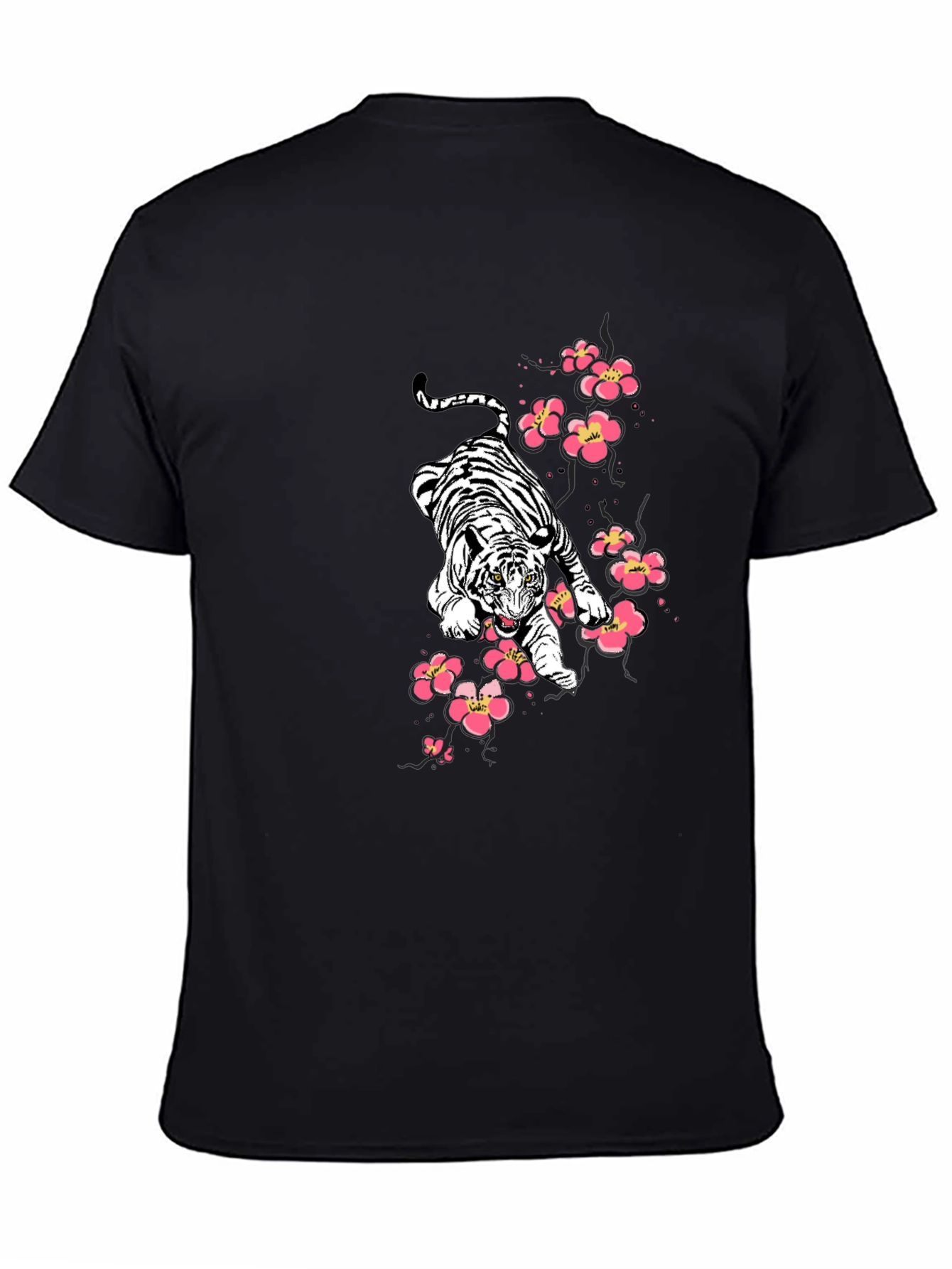 Tiger & Cherry Blossom Graphic Print Black T-Shirt