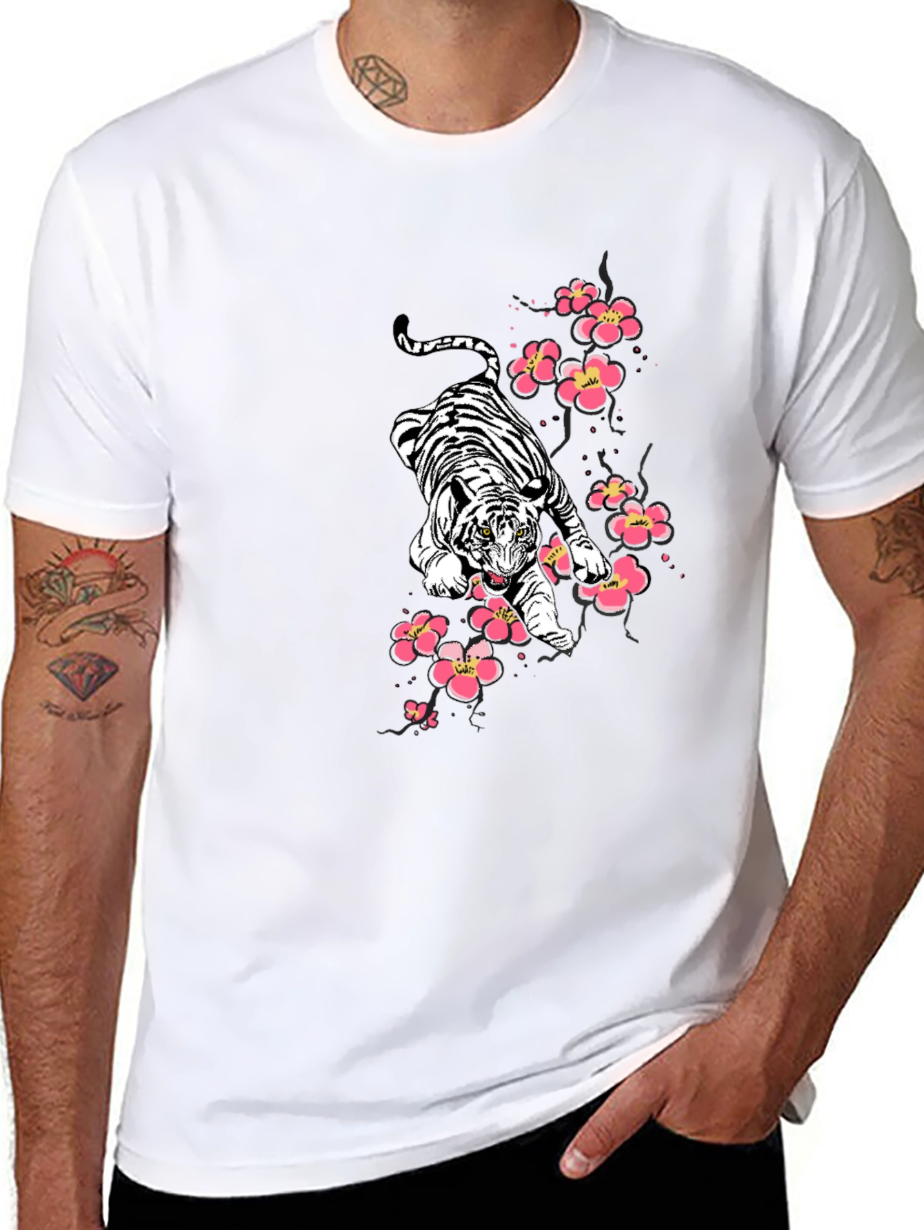 Tiger & Cherry Blossom Graphic Print Black T-Shirt
