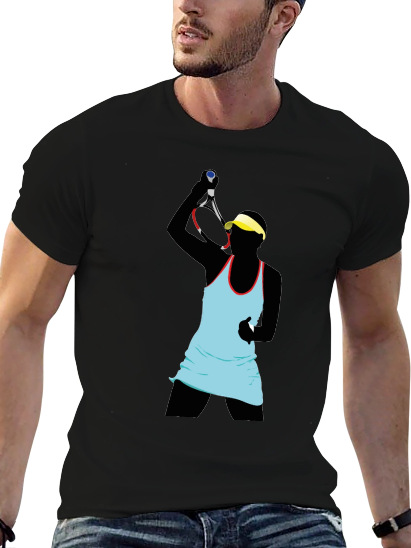 Tennis Player Graphic Tee - Black Cotton Blend