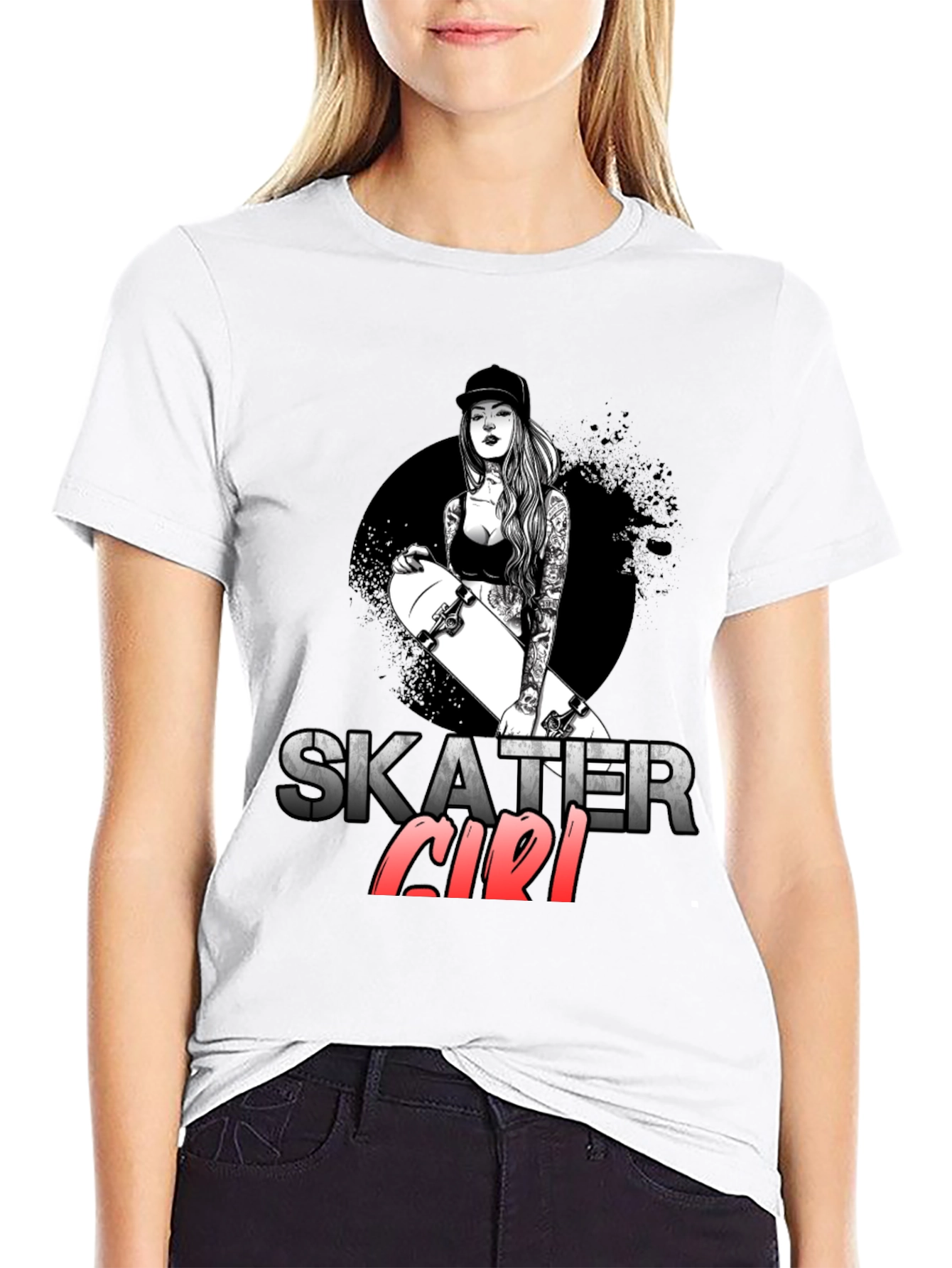 Skater Girl Graphic T-Shirt - Trendy Black Tee