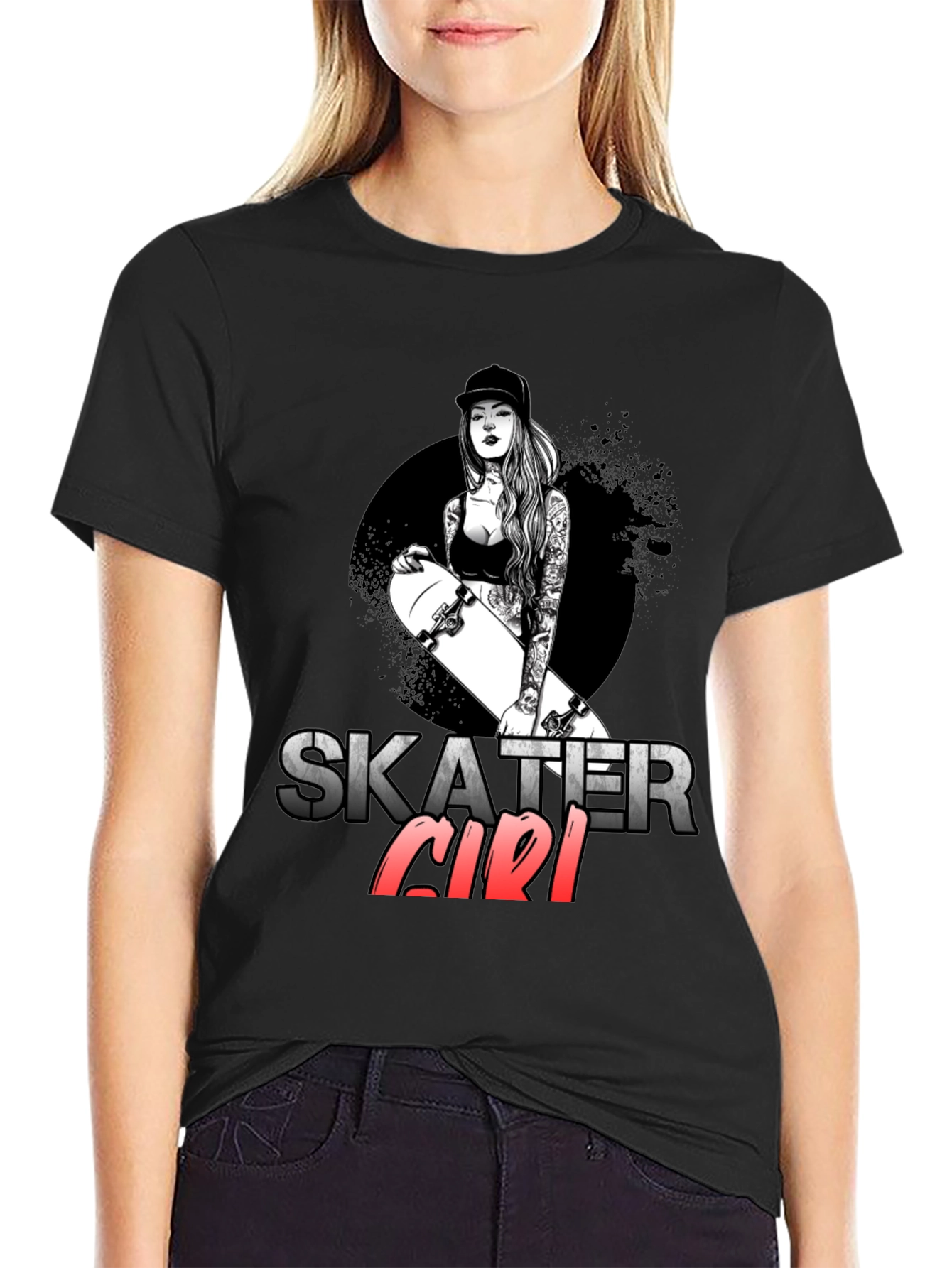 Skater Girl Graphic T-Shirt - Trendy Black Tee