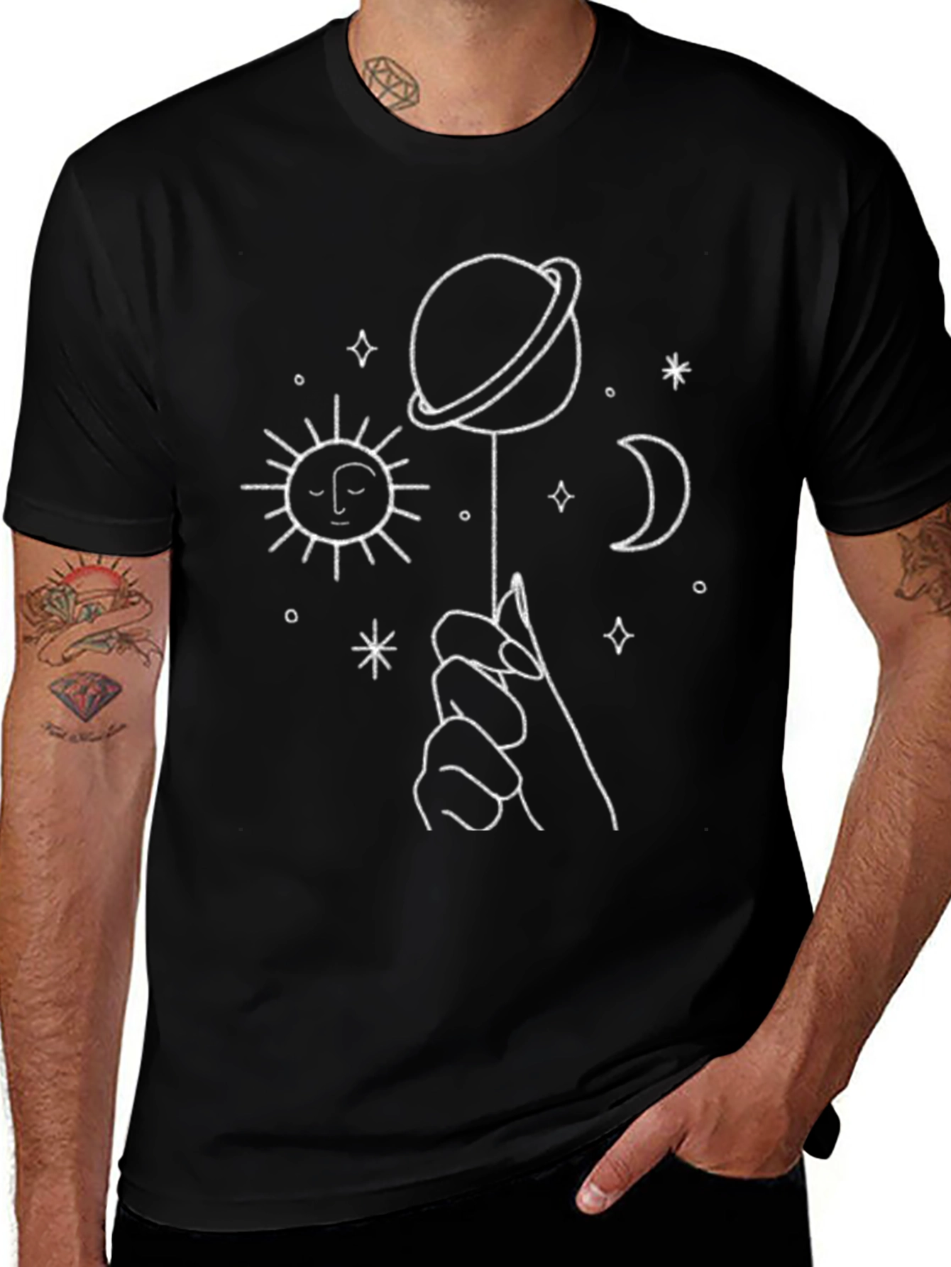 Celestial Hand T-Shirt - Moon Sun Planet Graphic Tee