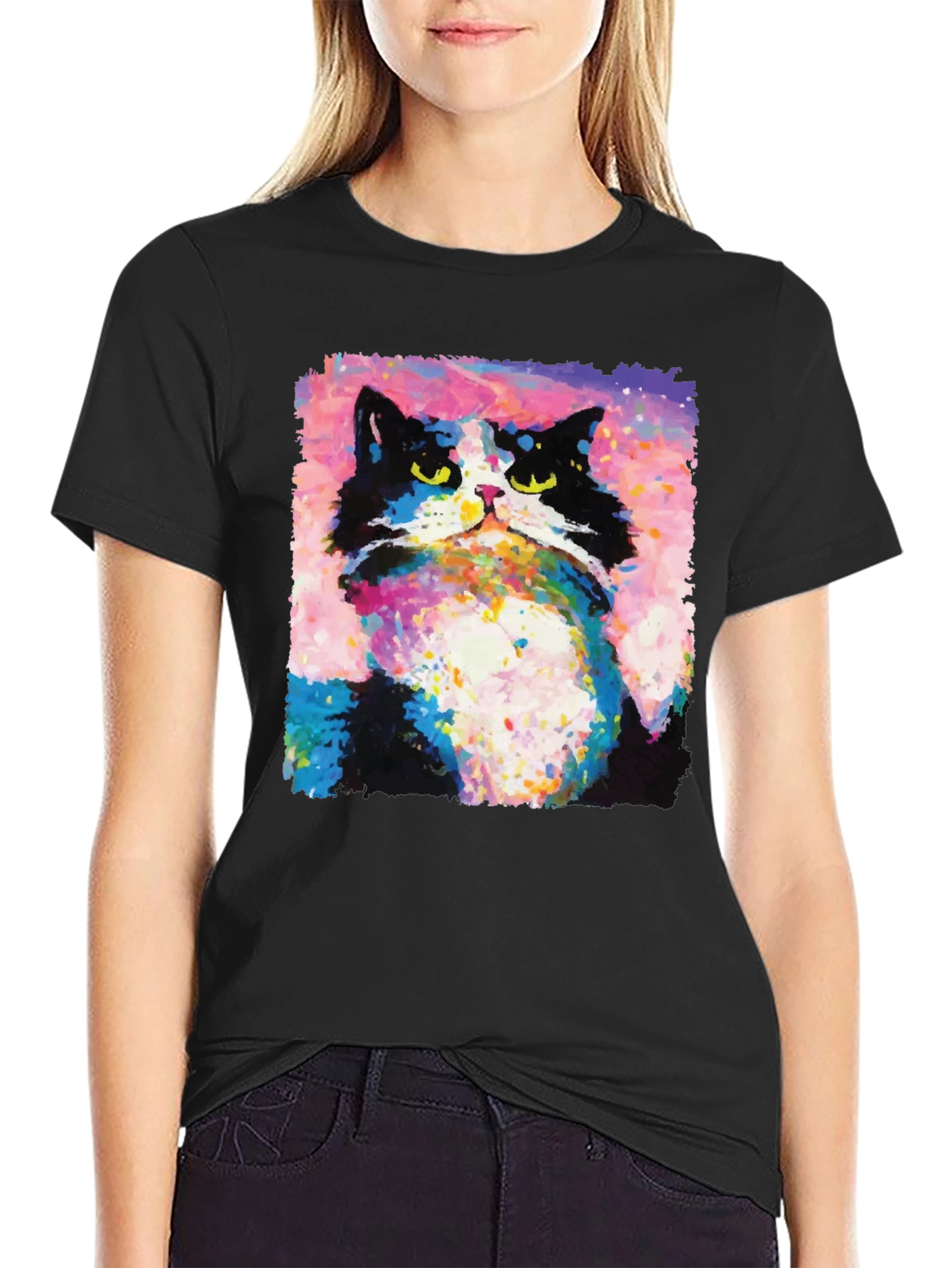 Abstract Cat Graphic Print Crew Neck T-Shirt