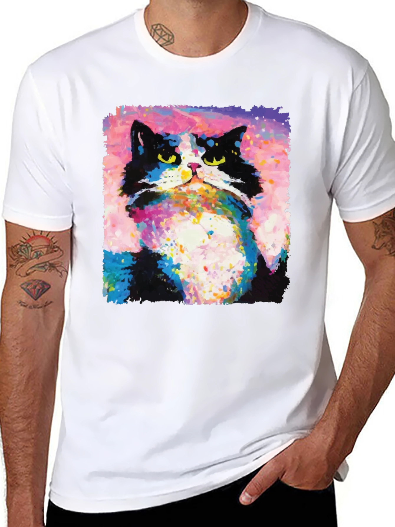 Abstract Cat Graphic Print Crew Neck T-Shirt